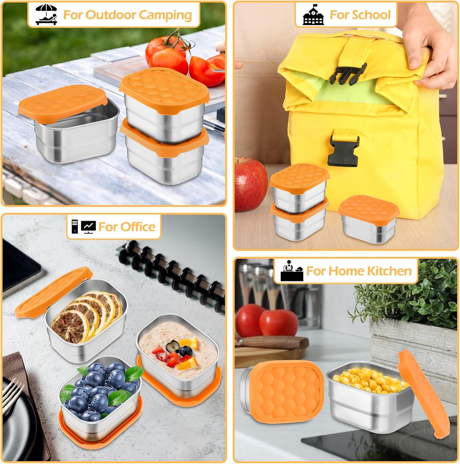 imageEfar 4Pack Stainless Steel Snack Containers for Kids 8oz Reusable Toddler Lunch Box Containers with LeakProof Lids for SchoolDaycareTravel Stackable Design amp Easy Open Oven amp Dishwasher SafeOrange
