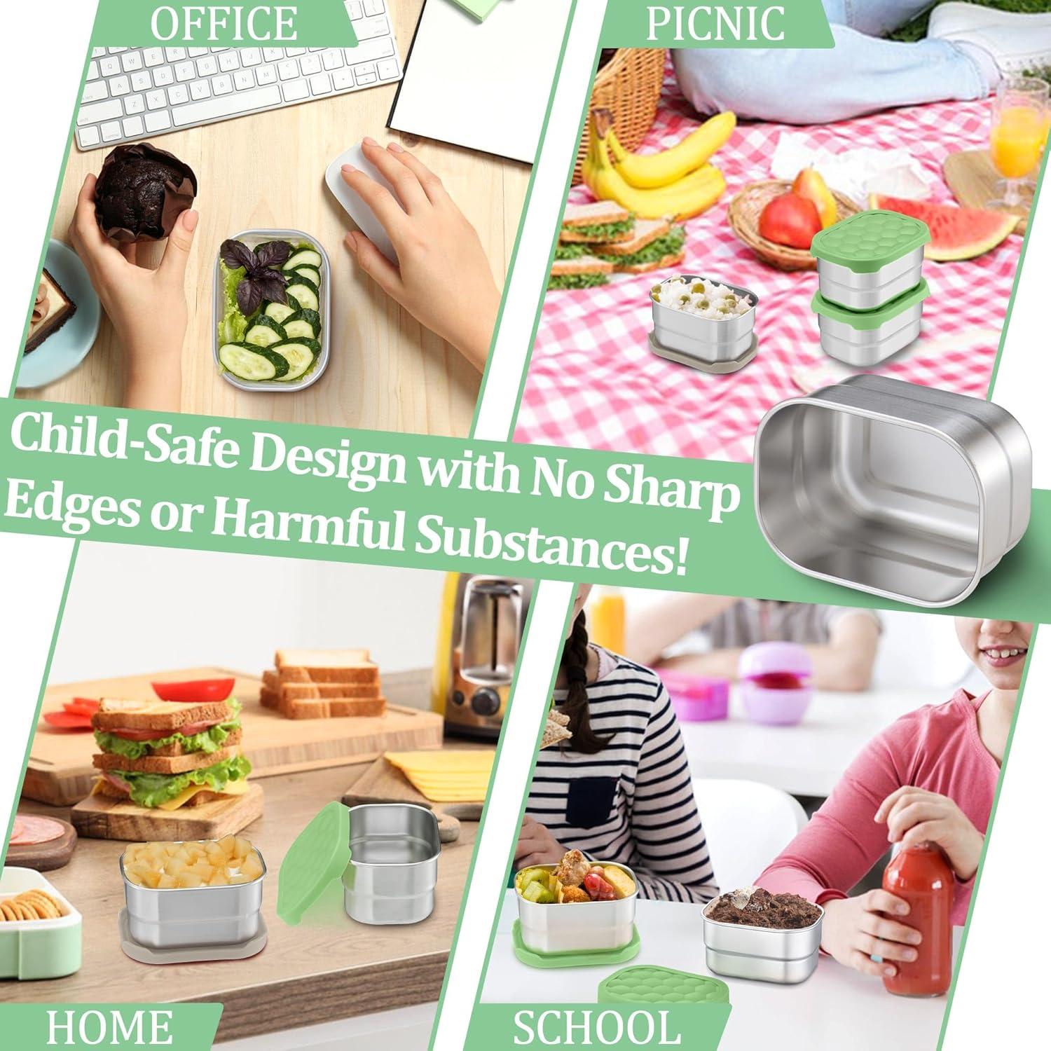 imageEfar 4Pack Stainless Steel Snack Containers for Kids 8oz Reusable Toddler Lunch Box Containers with LeakProof Lids for SchoolDaycareTravel Stackable Design amp Easy Open Oven amp Dishwasher SafeGreen Khaki