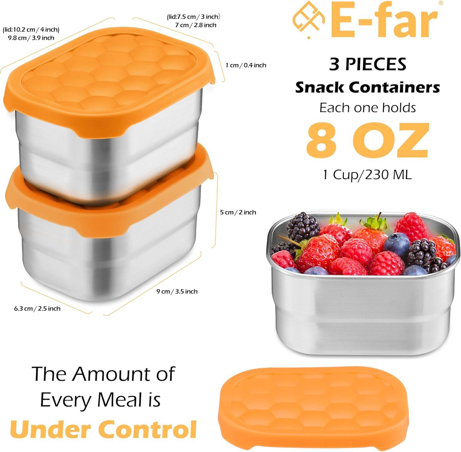 imageEfar 4Pack Stainless Steel Snack Containers for Kids 8oz Reusable Toddler Lunch Box Containers with LeakProof Lids for SchoolDaycareTravel Stackable Design amp Easy Open Oven amp Dishwasher SafeOrange