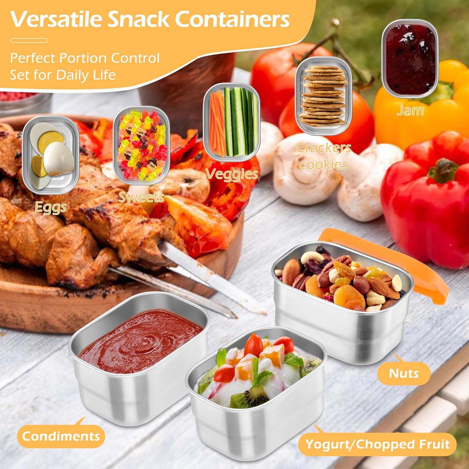imageEfar 4Pack Stainless Steel Snack Containers for Kids 8oz Reusable Toddler Lunch Box Containers with LeakProof Lids for SchoolDaycareTravel Stackable Design amp Easy Open Oven amp Dishwasher SafeOrange