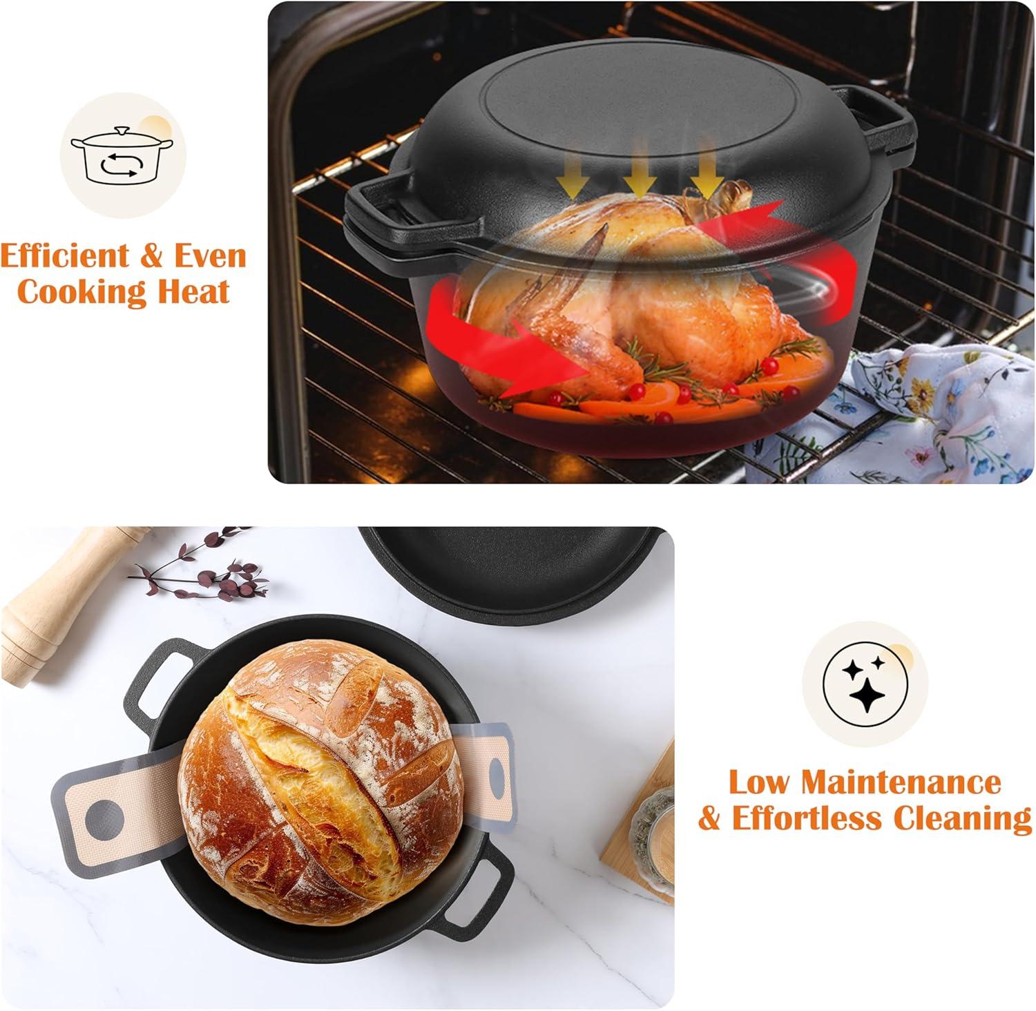 imageEfar 5QT Dutch Oven for Bread Baking 2IN1 Cast Iron Pot with Skillet Lid amp Sourdough Starter Kit Bread Oven Pan with Baking Supplies for Frying Braising BBQ RustFree amp Heavy DutyBlack