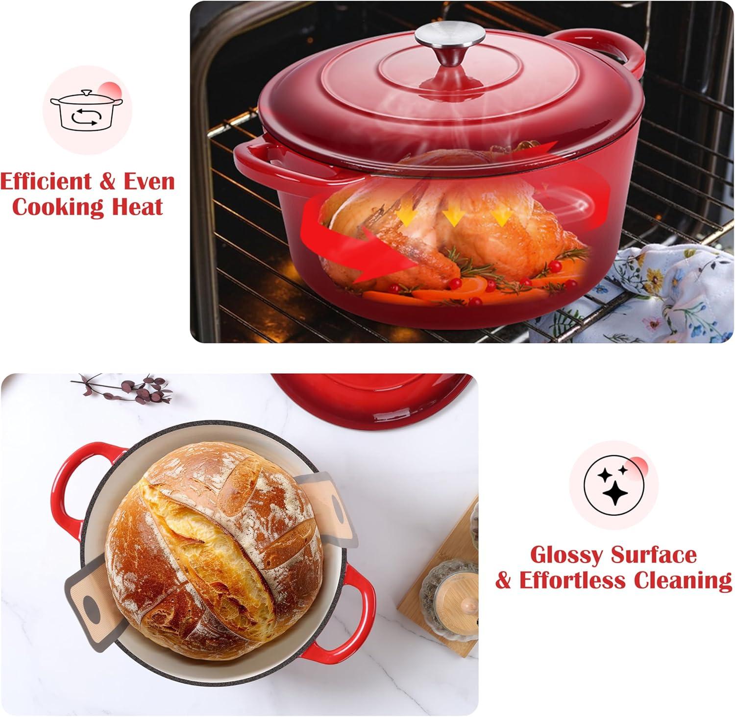 imageEfar 5QT Dutch Oven for Bread Baking 2IN1 Cast Iron Pot with Skillet Lid amp Sourdough Starter Kit Bread Oven Pan with Baking Supplies for Frying Braising BBQ RustFree amp Heavy DutyRed