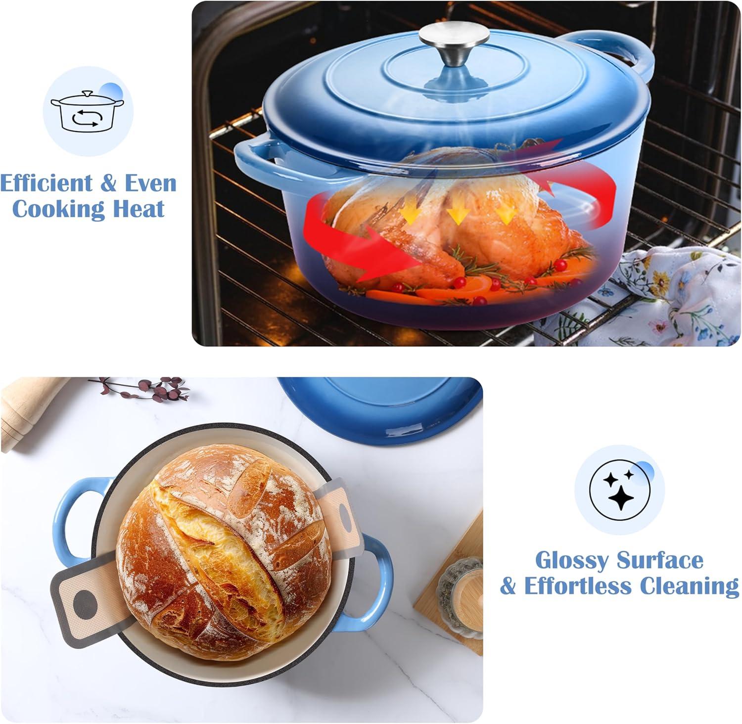 imageEfar 5QT Dutch Oven for Bread Baking 2IN1 Cast Iron Pot with Skillet Lid amp Sourdough Starter Kit Bread Oven Pan with Baking Supplies for Frying Braising BBQ RustFree amp Heavy DutyBlue