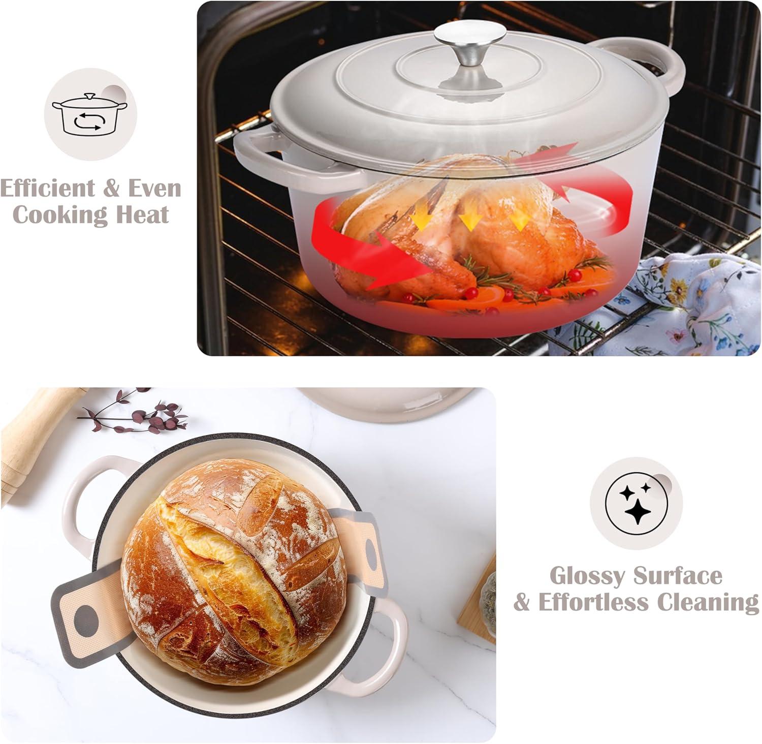 imageEfar 5QT Dutch Oven for Bread Baking 2IN1 Cast Iron Pot with Skillet Lid amp Sourdough Starter Kit Bread Oven Pan with Baking Supplies for Frying Braising BBQ RustFree amp Heavy DutyKhaki