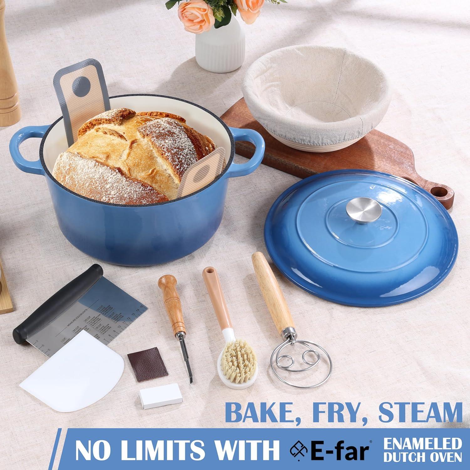 imageEfar 5QT Dutch Oven for Bread Baking 2IN1 Cast Iron Pot with Skillet Lid amp Sourdough Starter Kit Bread Oven Pan with Baking Supplies for Frying Braising BBQ RustFree amp Heavy DutyBlue