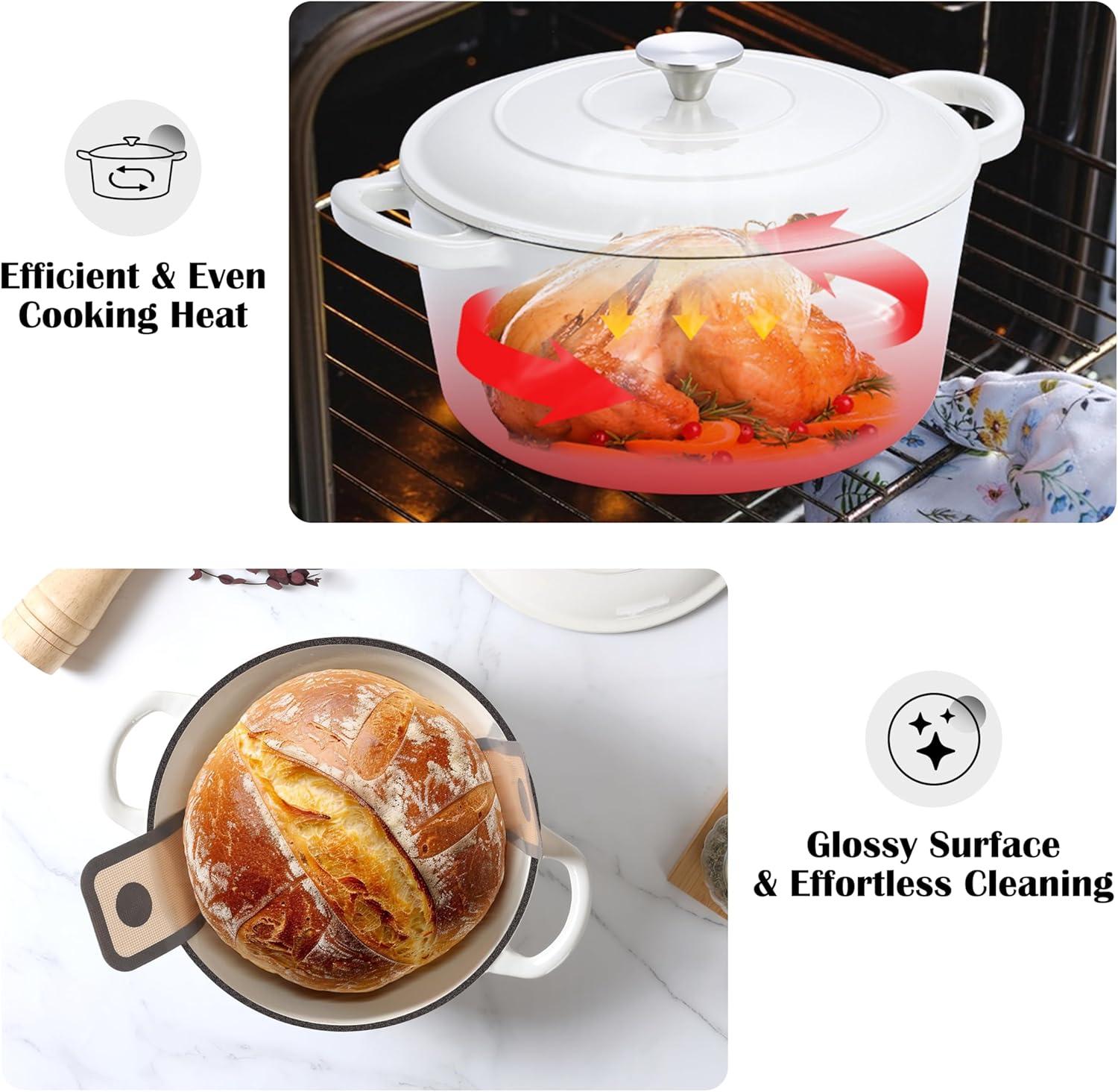 imageEfar 5QT Dutch Oven for Bread Baking 2IN1 Cast Iron Pot with Skillet Lid amp Sourdough Starter Kit Bread Oven Pan with Baking Supplies for Frying Braising BBQ RustFree amp Heavy DutyWhite