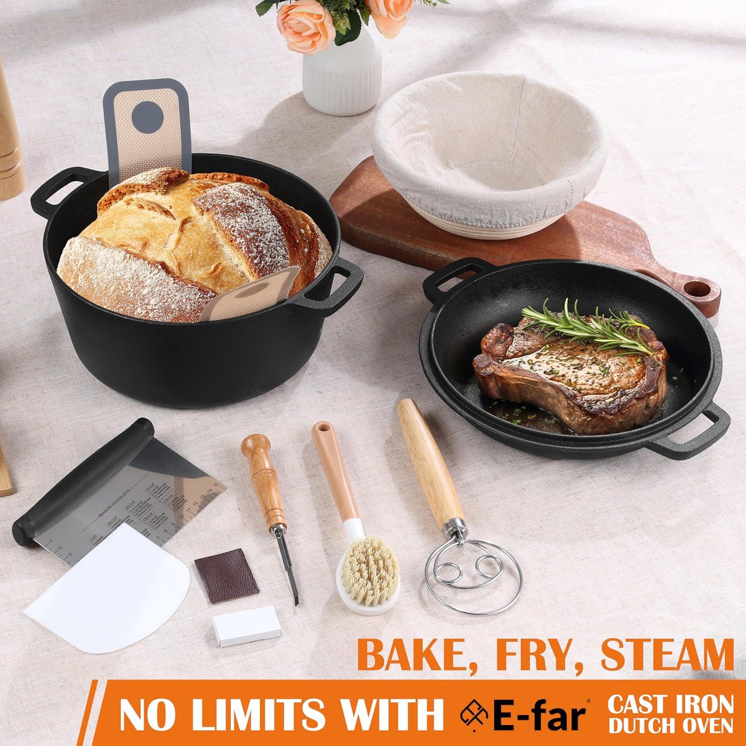 imageEfar 5QT Dutch Oven for Bread Baking 2IN1 Cast Iron Pot with Skillet Lid amp Sourdough Starter Kit Bread Oven Pan with Baking Supplies for Frying Braising BBQ RustFree amp Heavy DutyBlack