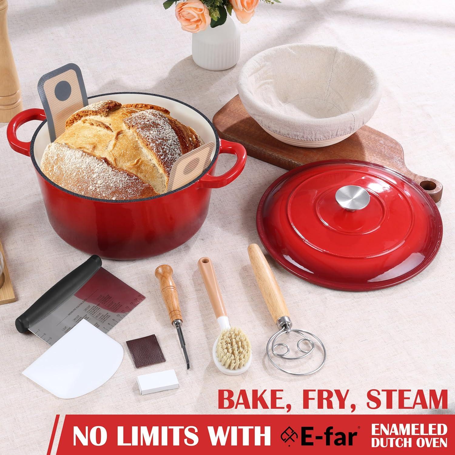 imageEfar 5QT Dutch Oven for Bread Baking 2IN1 Cast Iron Pot with Skillet Lid amp Sourdough Starter Kit Bread Oven Pan with Baking Supplies for Frying Braising BBQ RustFree amp Heavy DutyRed