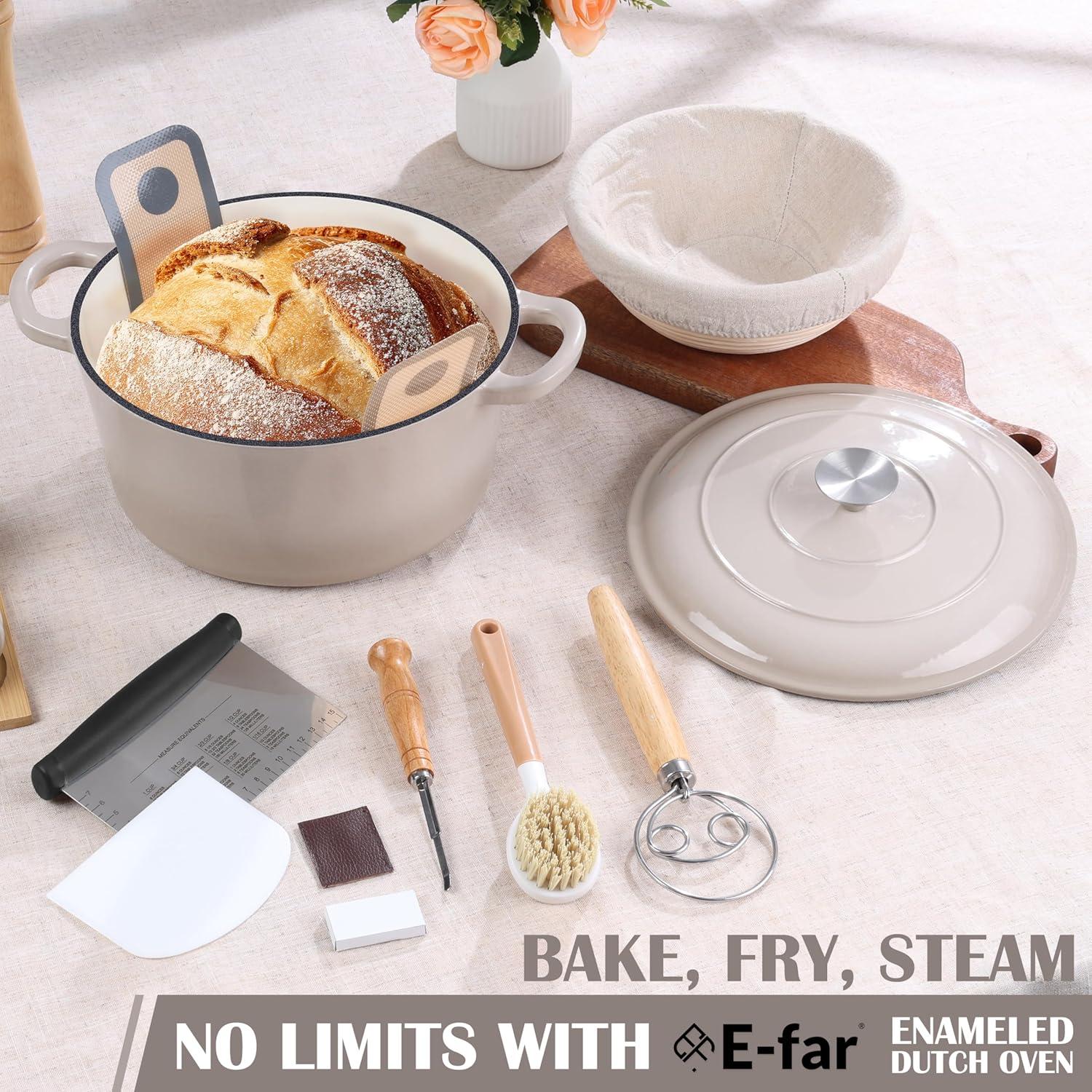 imageEfar 5QT Dutch Oven for Bread Baking 2IN1 Cast Iron Pot with Skillet Lid amp Sourdough Starter Kit Bread Oven Pan with Baking Supplies for Frying Braising BBQ RustFree amp Heavy DutyKhaki