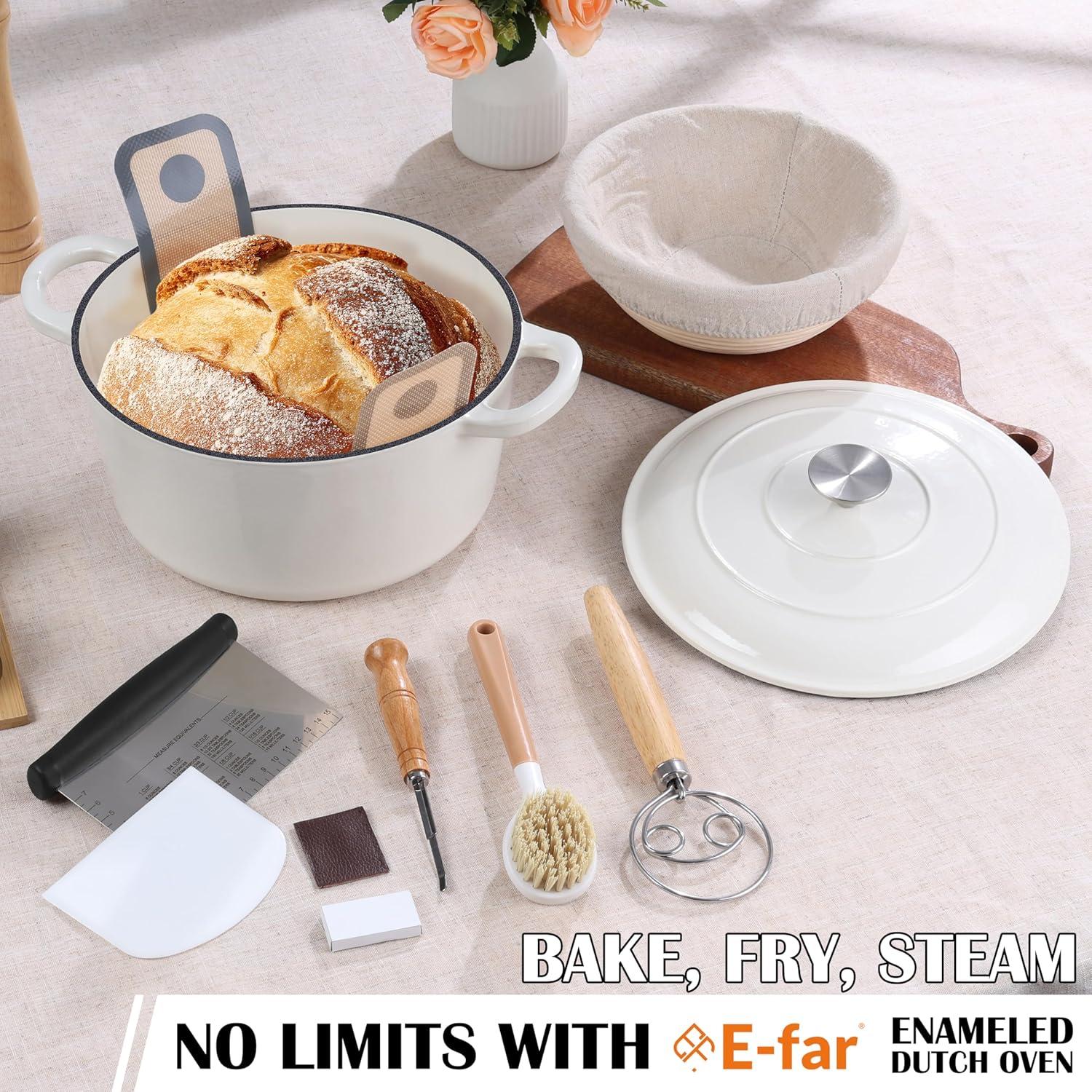 imageEfar 5QT Dutch Oven for Bread Baking 2IN1 Cast Iron Pot with Skillet Lid amp Sourdough Starter Kit Bread Oven Pan with Baking Supplies for Frying Braising BBQ RustFree amp Heavy DutyWhite