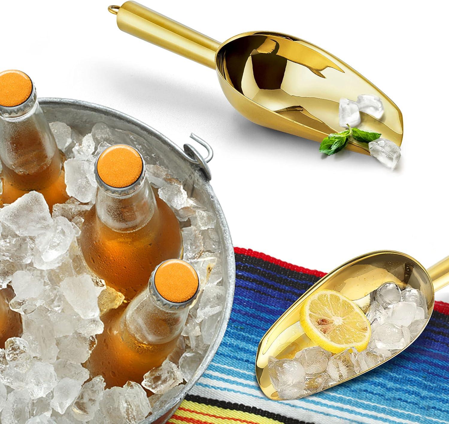 imageEfar 6 Ounce Ice Scoop Set of 2 Small Stainless Steel Scoops for Ice CubeCandyFlourSugar Metal Utility Scoops for Canisters Baking Kitchen Pantry Rust Free amp Dishwasher SafeGold