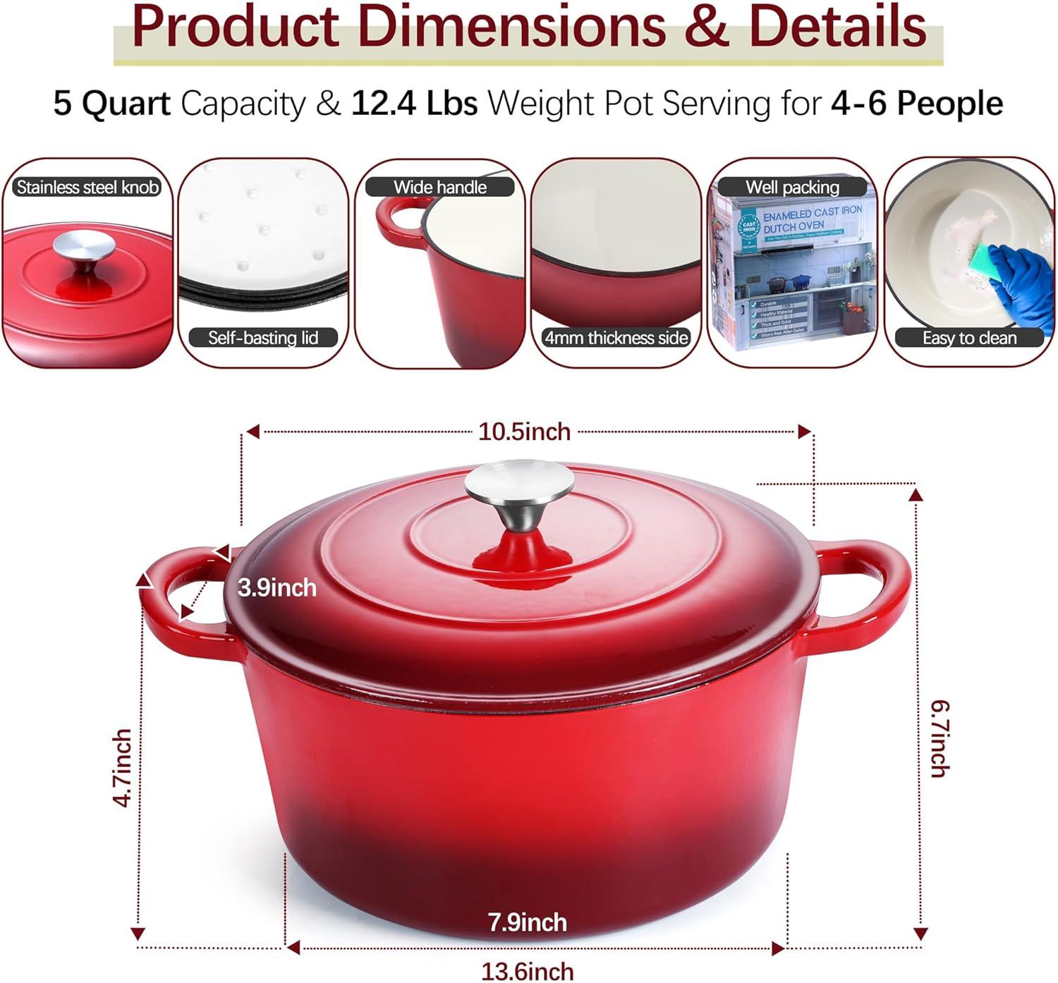 imageEfar 6 Quart Enameled Cast Iron Dutch Oven with Lid Round Dutch Oven Pot Nonstick Cookware for Braising Stews Roasting Bread Baking Cooking Heavy Duty Induction amp Oven Safe BlueRed