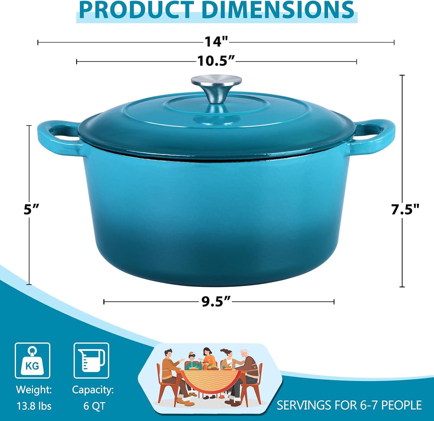 imageEfar 6 Quart Enameled Cast Iron Dutch Oven with Lid Round Dutch Oven Pot Nonstick Cookware for Braising Stews Roasting Bread Baking Cooking Heavy Duty Induction amp Oven Safe BlueTeal Mist