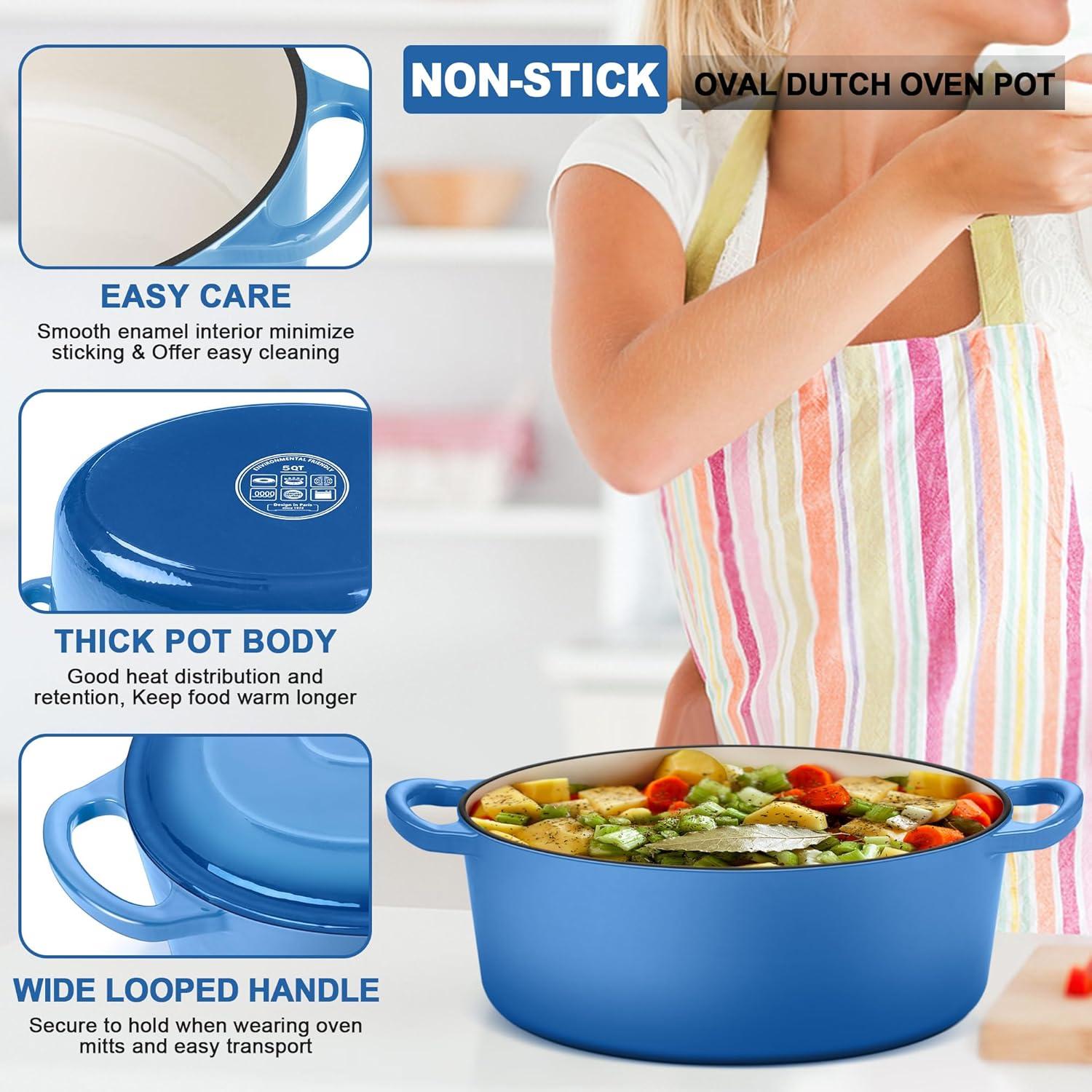 imageEfar 6 Quart Enameled Cast Iron Dutch Oven with Lid Round Dutch Oven Pot Nonstick Cookware for Braising Stews Roasting Bread Baking Cooking Heavy Duty Induction amp Oven Safe BlueBlue