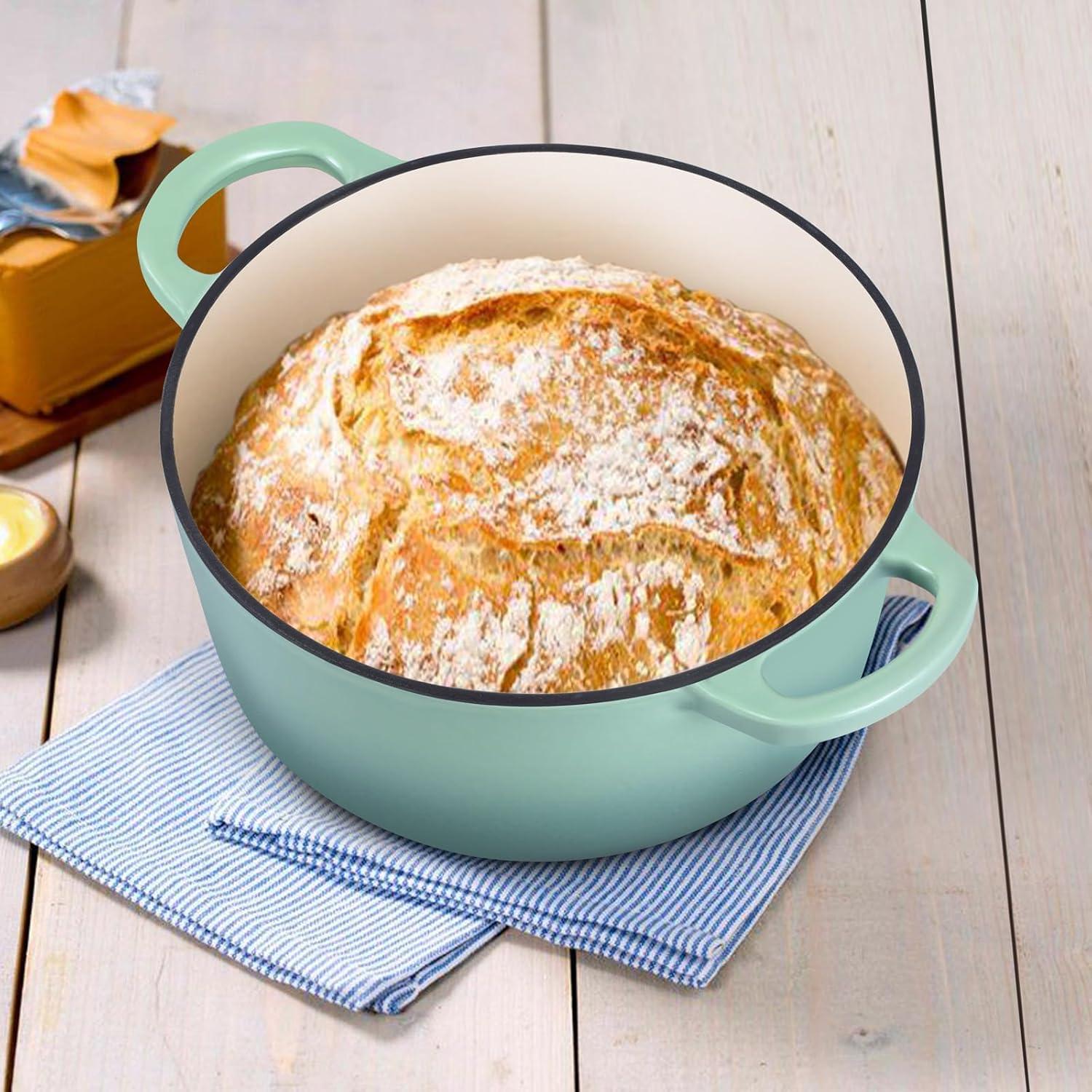 imageEfar 6 Quart Enameled Cast Iron Dutch Oven with Lid Round Dutch Oven Pot Nonstick Cookware for Braising Stews Roasting Bread Baking Cooking Heavy Duty Induction amp Oven Safe BlueSage Green