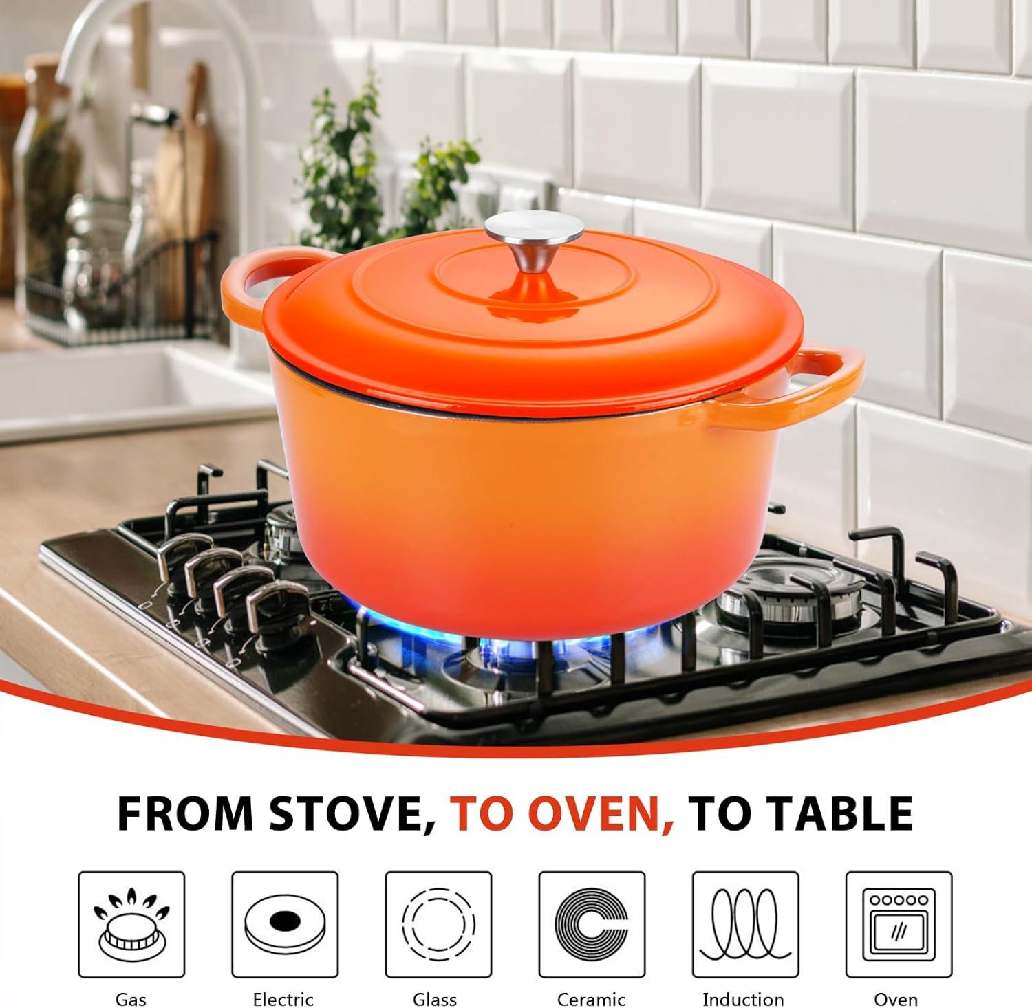 imageEfar 6 Quart Enameled Cast Iron Dutch Oven with Lid Round Dutch Oven Pot Nonstick Cookware for Braising Stews Roasting Bread Baking Cooking Heavy Duty Induction amp Oven Safe BlueOrange