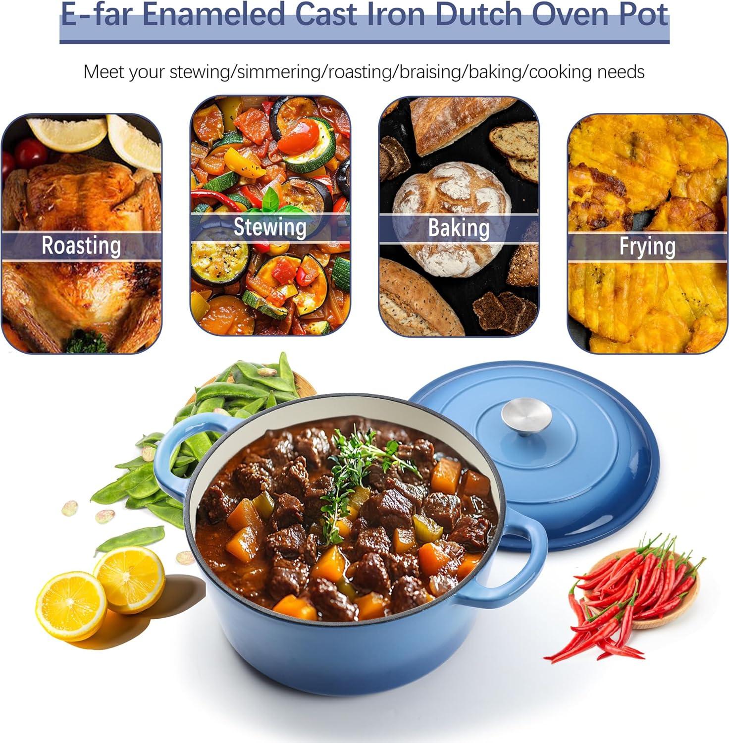 imageEfar 6 Quart Enameled Cast Iron Dutch Oven with Lid Round Dutch Oven Pot Nonstick Cookware for Braising Stews Roasting Bread Baking Cooking Heavy Duty Induction amp Oven Safe BlueBlue