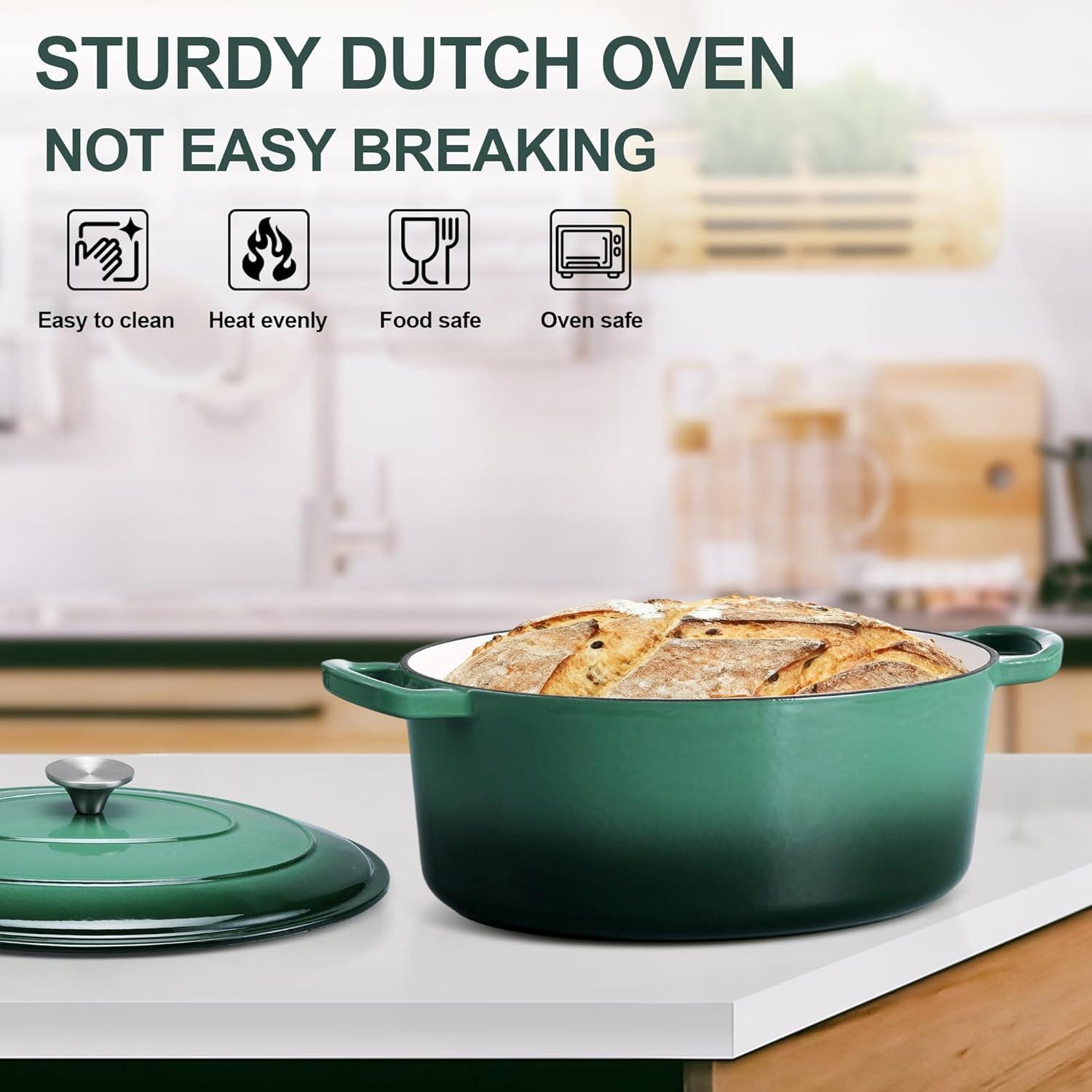 imageEfar 6 Quart Enameled Cast Iron Dutch Oven with Lid Round Dutch Oven Pot Nonstick Cookware for Braising Stews Roasting Bread Baking Cooking Heavy Duty Induction amp Oven Safe BlueForest Green