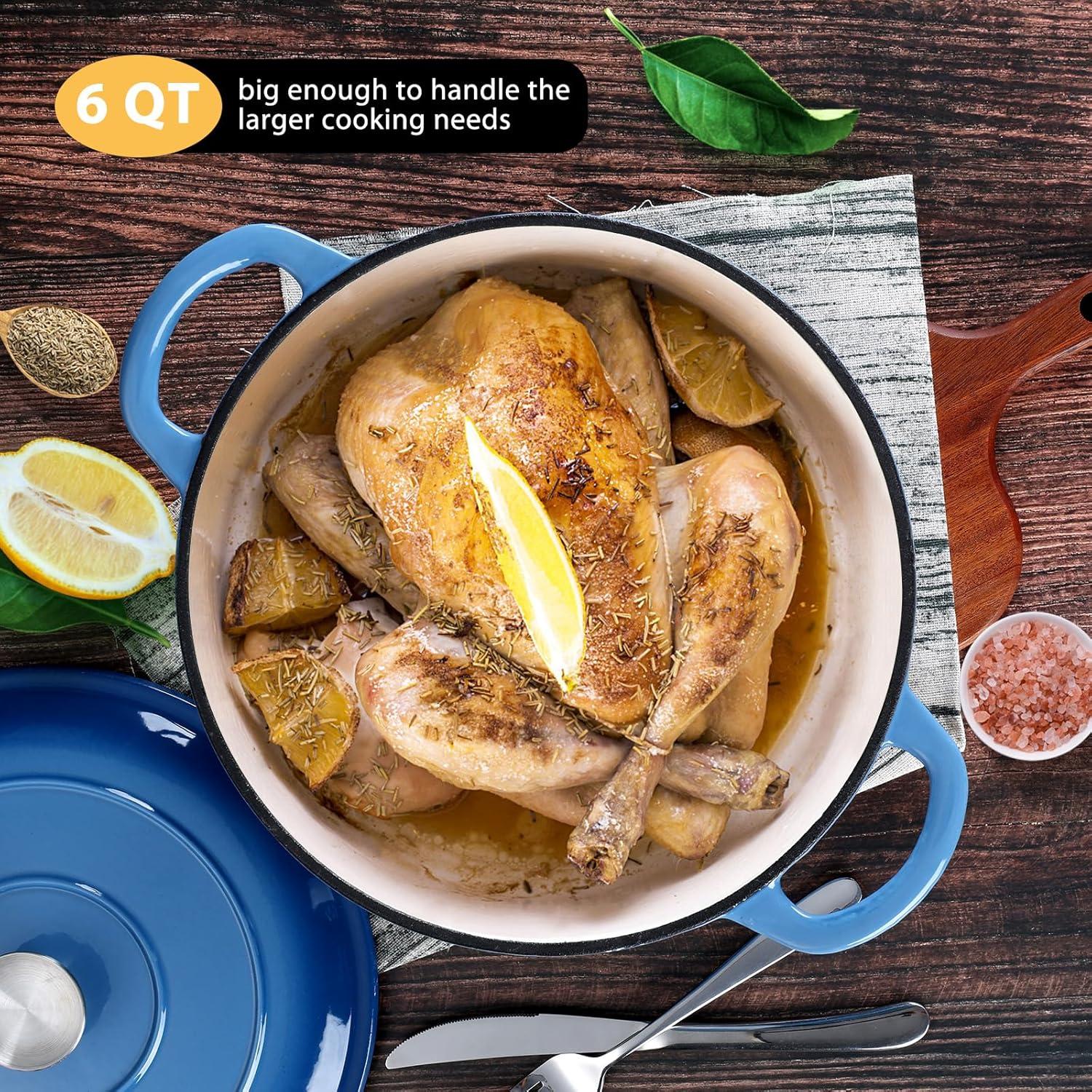 imageEfar 6 Quart Enameled Cast Iron Dutch Oven with Lid Round Dutch Oven Pot Nonstick Cookware for Braising Stews Roasting Bread Baking Cooking Heavy Duty Induction amp Oven Safe BlueBlue