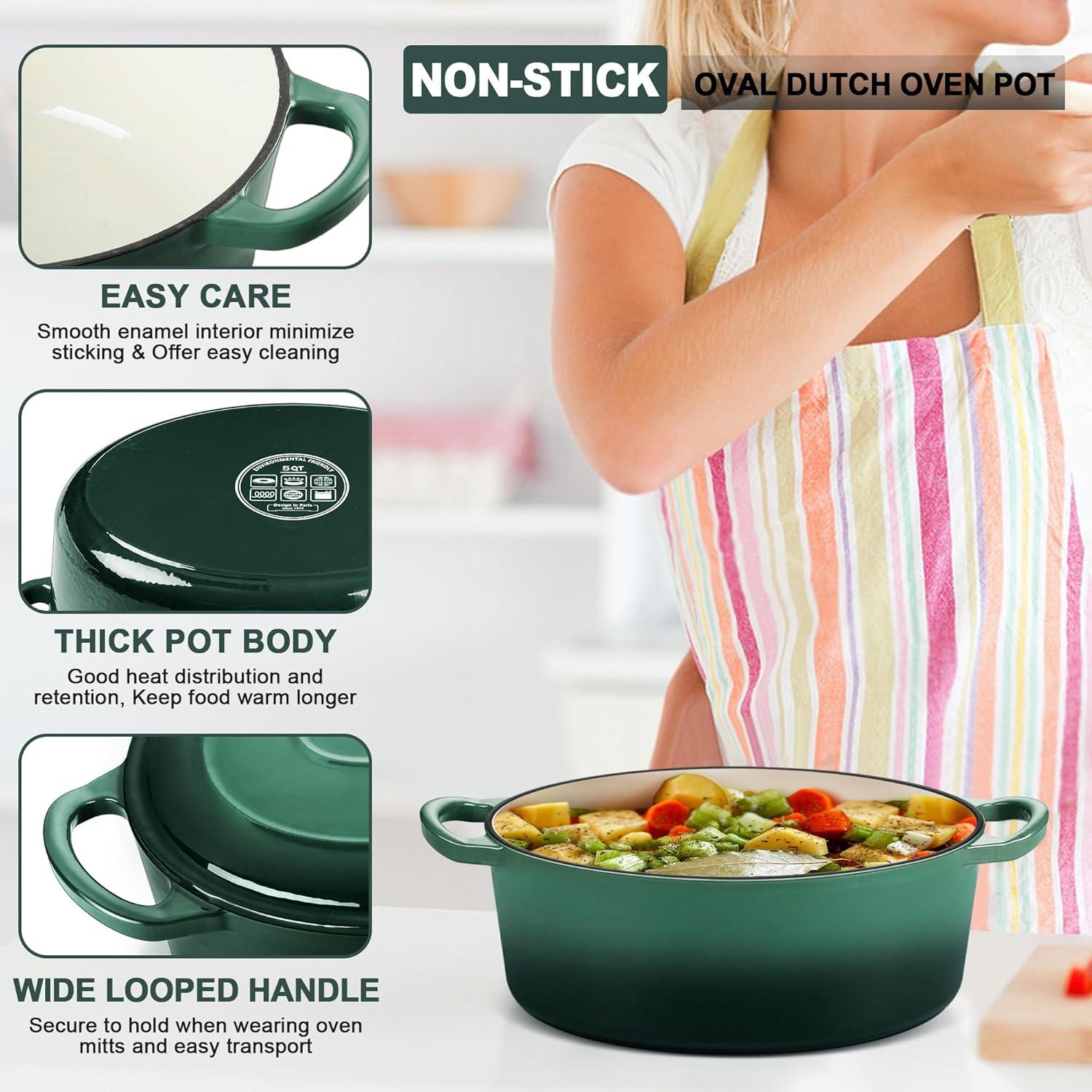 imageEfar 6 Quart Enameled Cast Iron Dutch Oven with Lid Round Dutch Oven Pot Nonstick Cookware for Braising Stews Roasting Bread Baking Cooking Heavy Duty Induction amp Oven Safe BlueForest Green