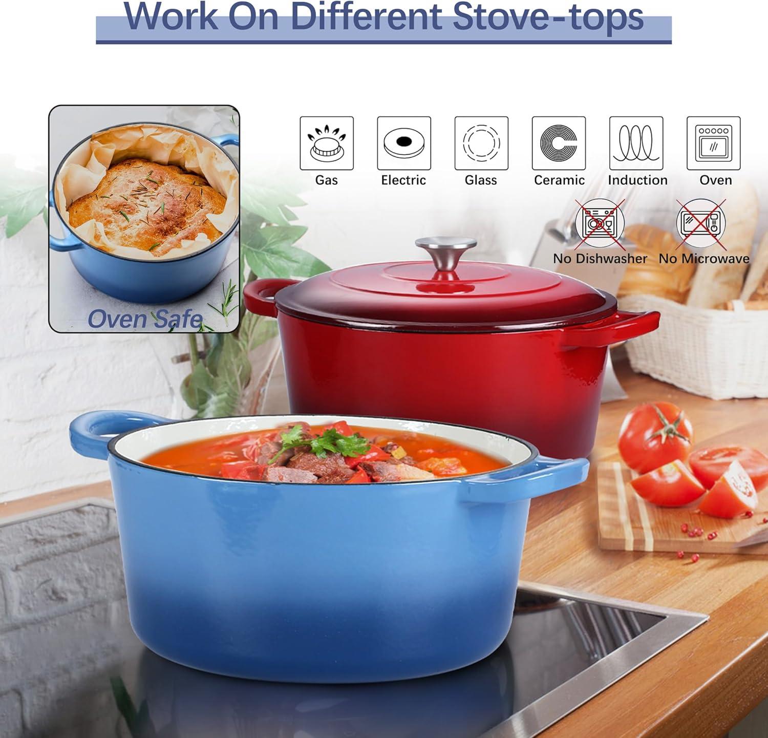 imageEfar 6 Quart Enameled Cast Iron Dutch Oven with Lid Round Dutch Oven Pot Nonstick Cookware for Braising Stews Roasting Bread Baking Cooking Heavy Duty Induction amp Oven Safe BlueBlue