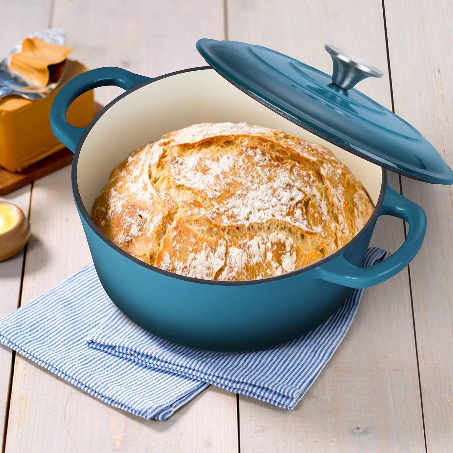 imageEfar 6 Quart Enameled Cast Iron Dutch Oven with Lid Round Dutch Oven Pot Nonstick Cookware for Braising Stews Roasting Bread Baking Cooking Heavy Duty Induction amp Oven Safe BlueTeal Mist