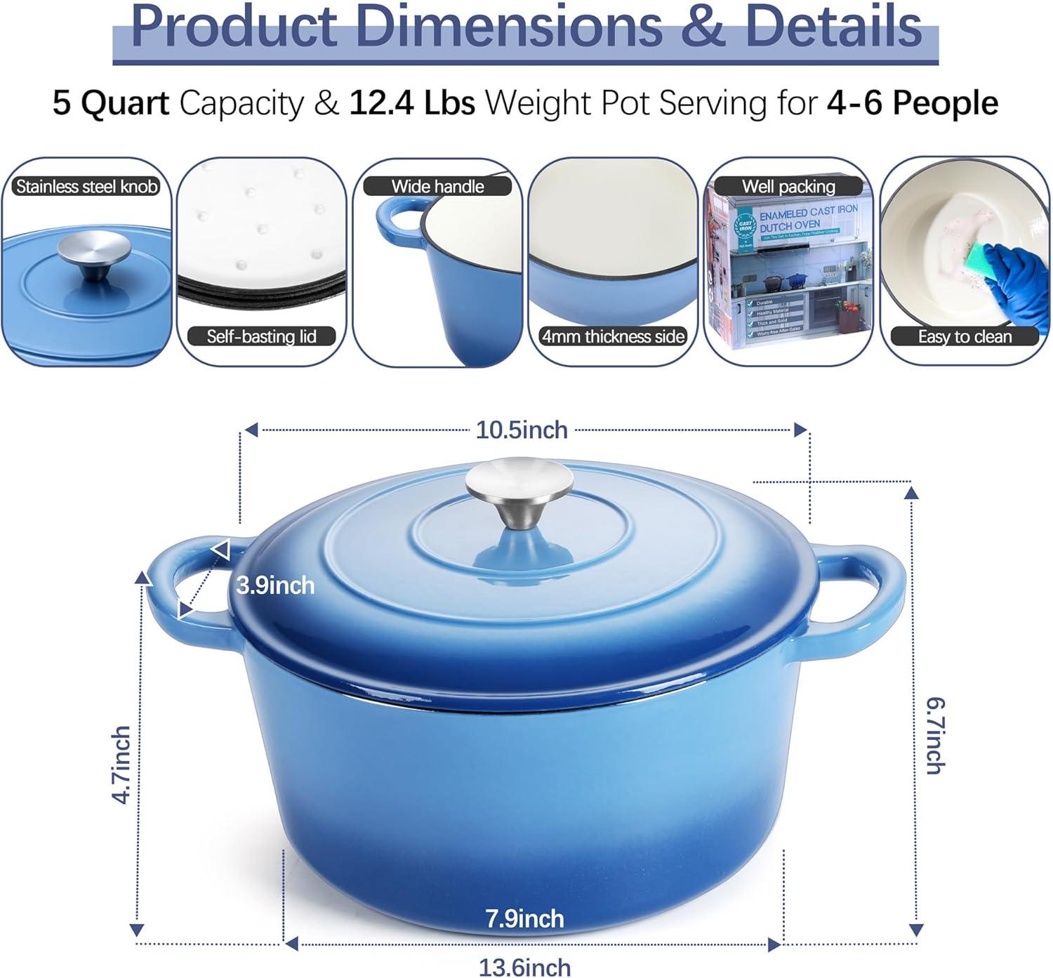 imageEfar 6 Quart Enameled Cast Iron Dutch Oven with Lid Round Dutch Oven Pot Nonstick Cookware for Braising Stews Roasting Bread Baking Cooking Heavy Duty Induction amp Oven Safe BlueBlue