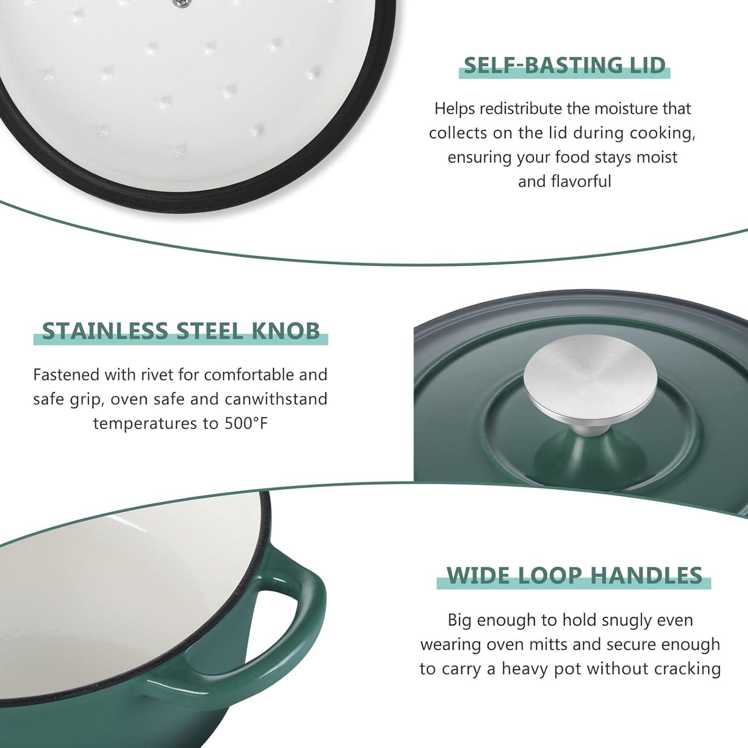 imageEfar 6 Quart Enameled Cast Iron Dutch Oven with Lid Round Dutch Oven Pot Nonstick Cookware for Braising Stews Roasting Bread Baking Cooking Heavy Duty Induction amp Oven Safe BlueForest Green