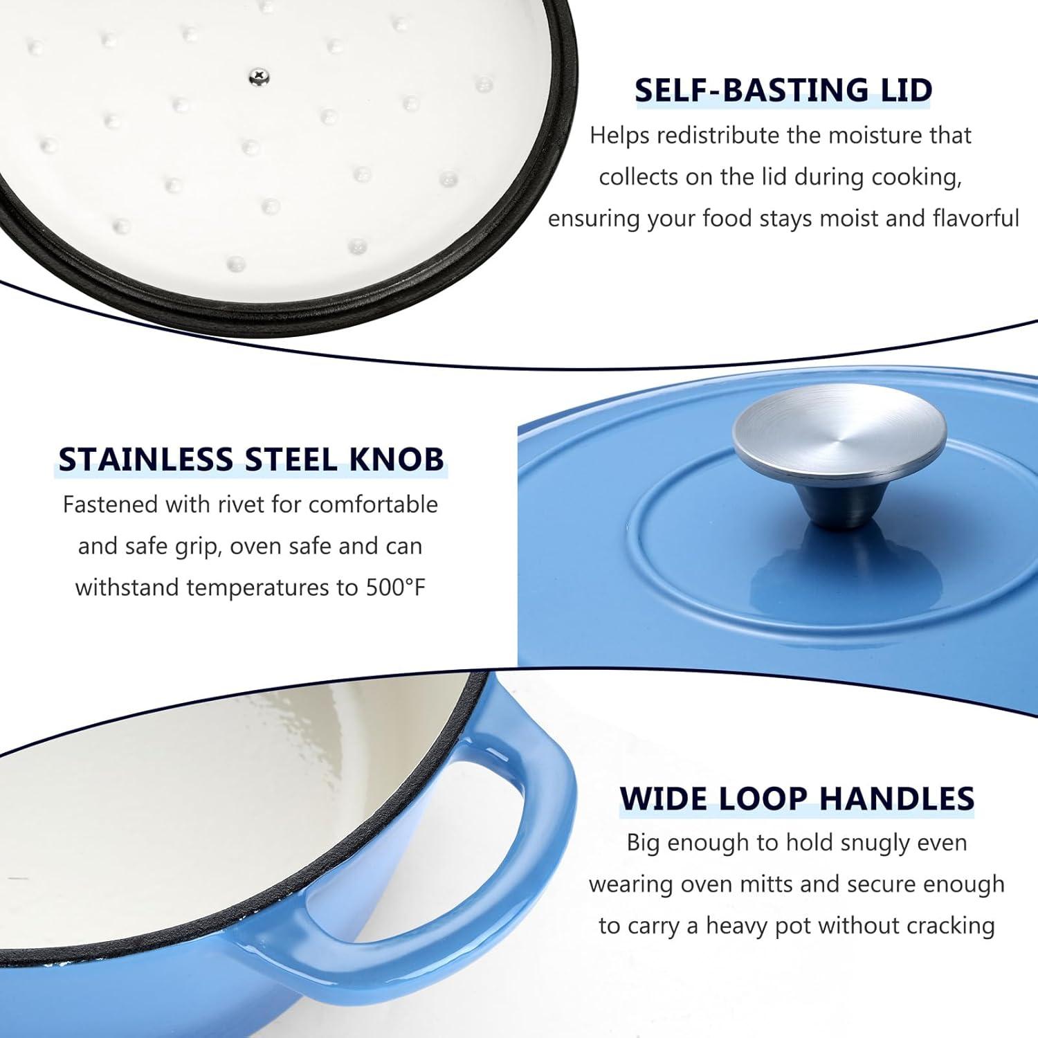 imageEfar 6 Quart Enameled Cast Iron Dutch Oven with Lid Round Dutch Oven Pot Nonstick Cookware for Braising Stews Roasting Bread Baking Cooking Heavy Duty Induction amp Oven Safe BlueBlue