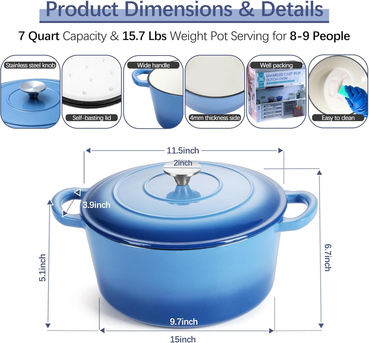 imageEfar 6 Quart Enameled Cast Iron Dutch Oven with Lid Round Dutch Oven Pot Nonstick Cookware for Braising Stews Roasting Bread Baking Cooking Heavy Duty Induction amp Oven Safe BlueBlue