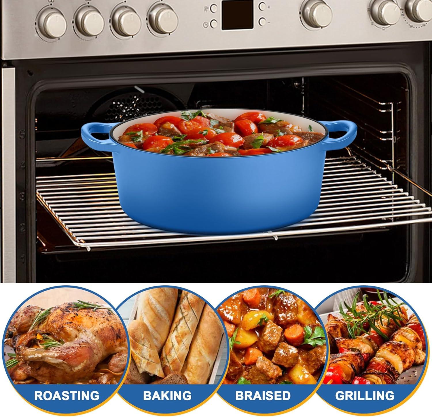 imageEfar 6 Quart Enameled Cast Iron Dutch Oven with Lid Round Dutch Oven Pot Nonstick Cookware for Braising Stews Roasting Bread Baking Cooking Heavy Duty Induction amp Oven Safe BlueBlue