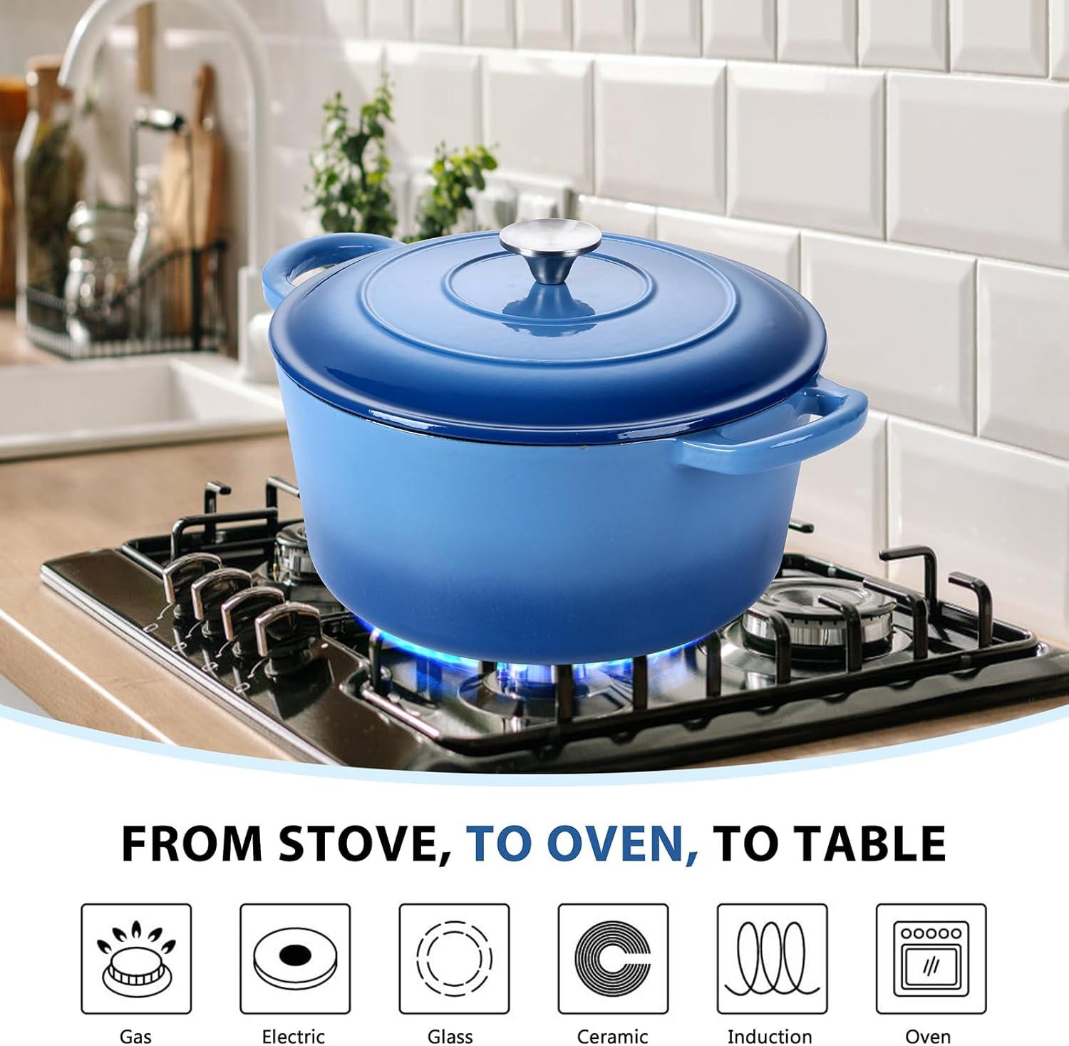 imageEfar 6 Quart Enameled Cast Iron Dutch Oven with Lid Round Dutch Oven Pot Nonstick Cookware for Braising Stews Roasting Bread Baking Cooking Heavy Duty Induction amp Oven Safe BlueBlue