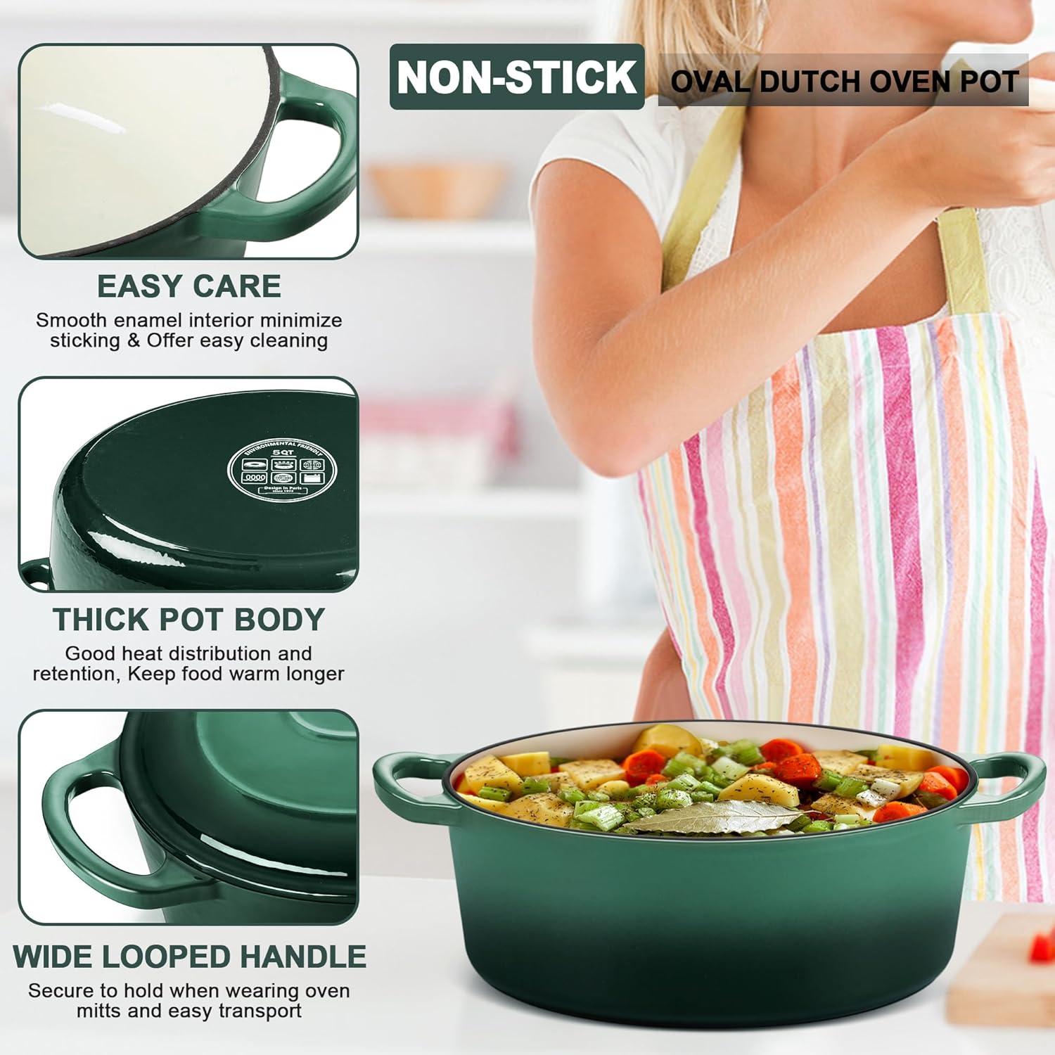 imageEfar 6 Quart Enameled Cast Iron Dutch Oven with Lid Round Dutch Oven Pot Nonstick Cookware for Braising Stews Roasting Bread Baking Cooking Heavy Duty Induction amp Oven Safe BlueForest Green