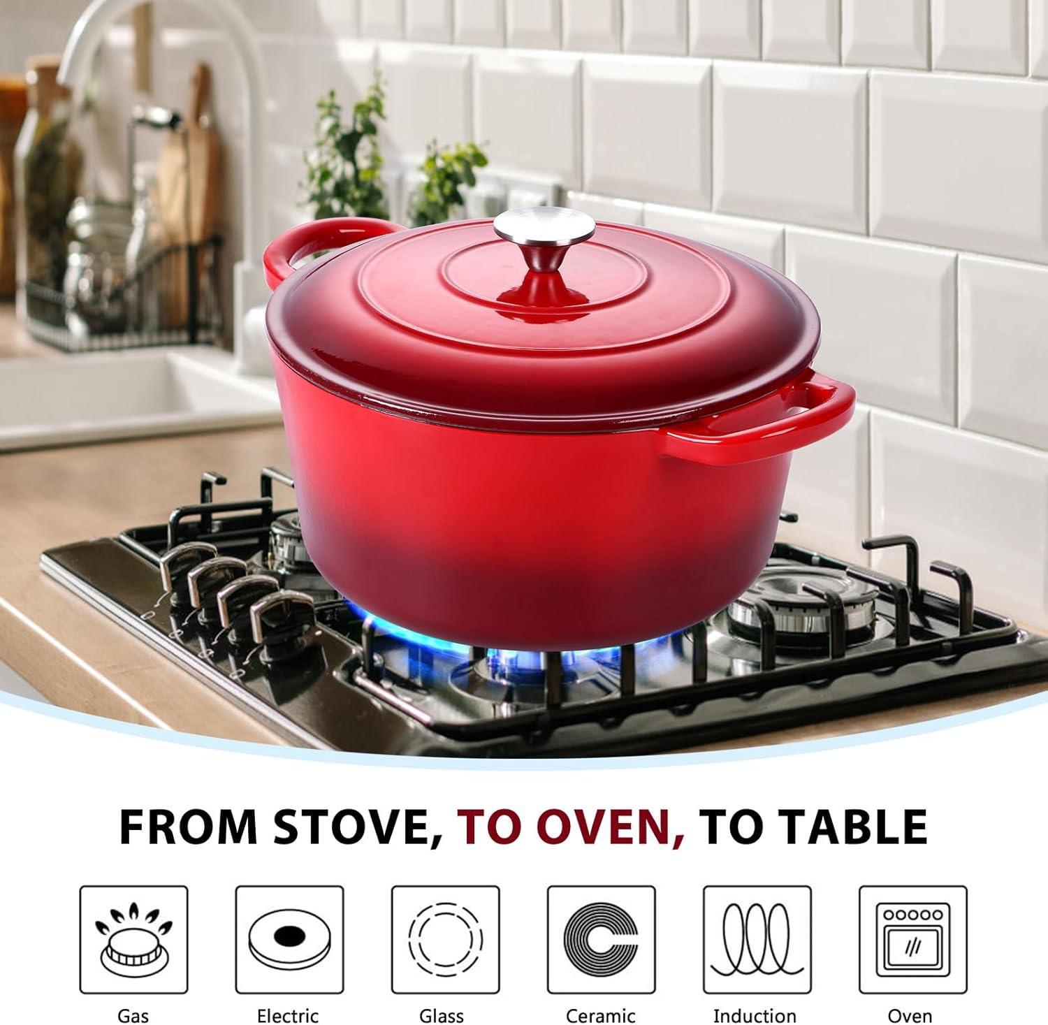 imageEfar 6 Quart Enameled Cast Iron Dutch Oven with Lid Round Dutch Oven Pot Nonstick Cookware for Braising Stews Roasting Bread Baking Cooking Heavy Duty Induction amp Oven Safe BlueRed