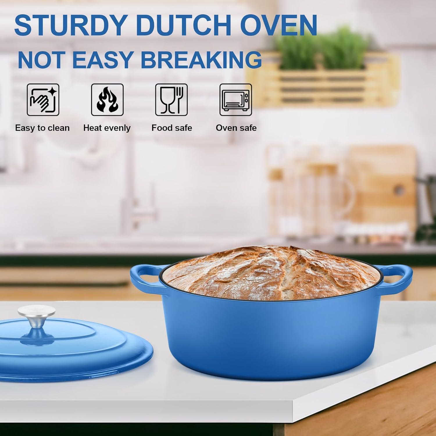 imageEfar 6 Quart Enameled Cast Iron Dutch Oven with Lid Round Dutch Oven Pot Nonstick Cookware for Braising Stews Roasting Bread Baking Cooking Heavy Duty Induction amp Oven Safe BlueBlue