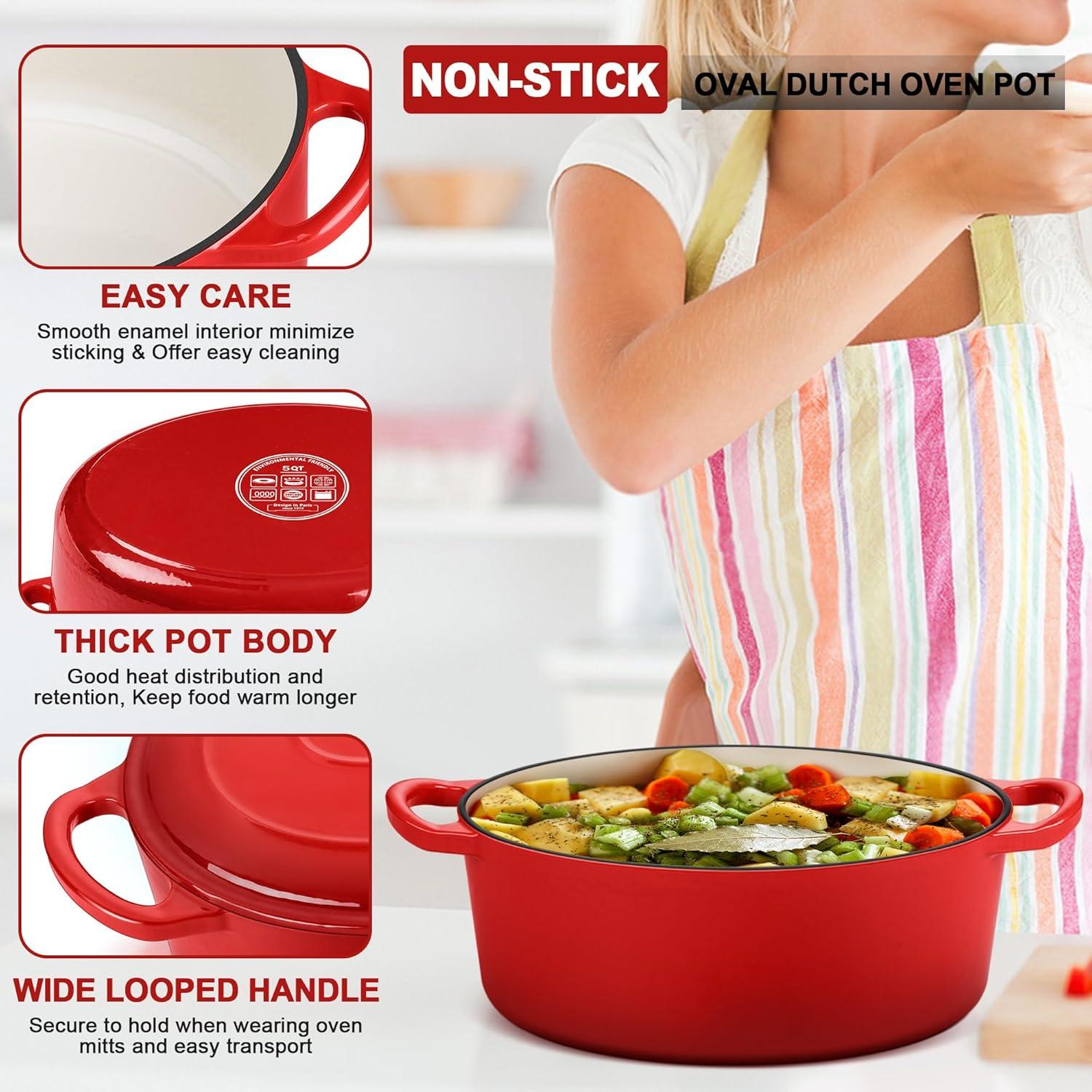 imageEfar 6 Quart Enameled Cast Iron Dutch Oven with Lid Round Dutch Oven Pot Nonstick Cookware for Braising Stews Roasting Bread Baking Cooking Heavy Duty Induction amp Oven Safe BlueRed