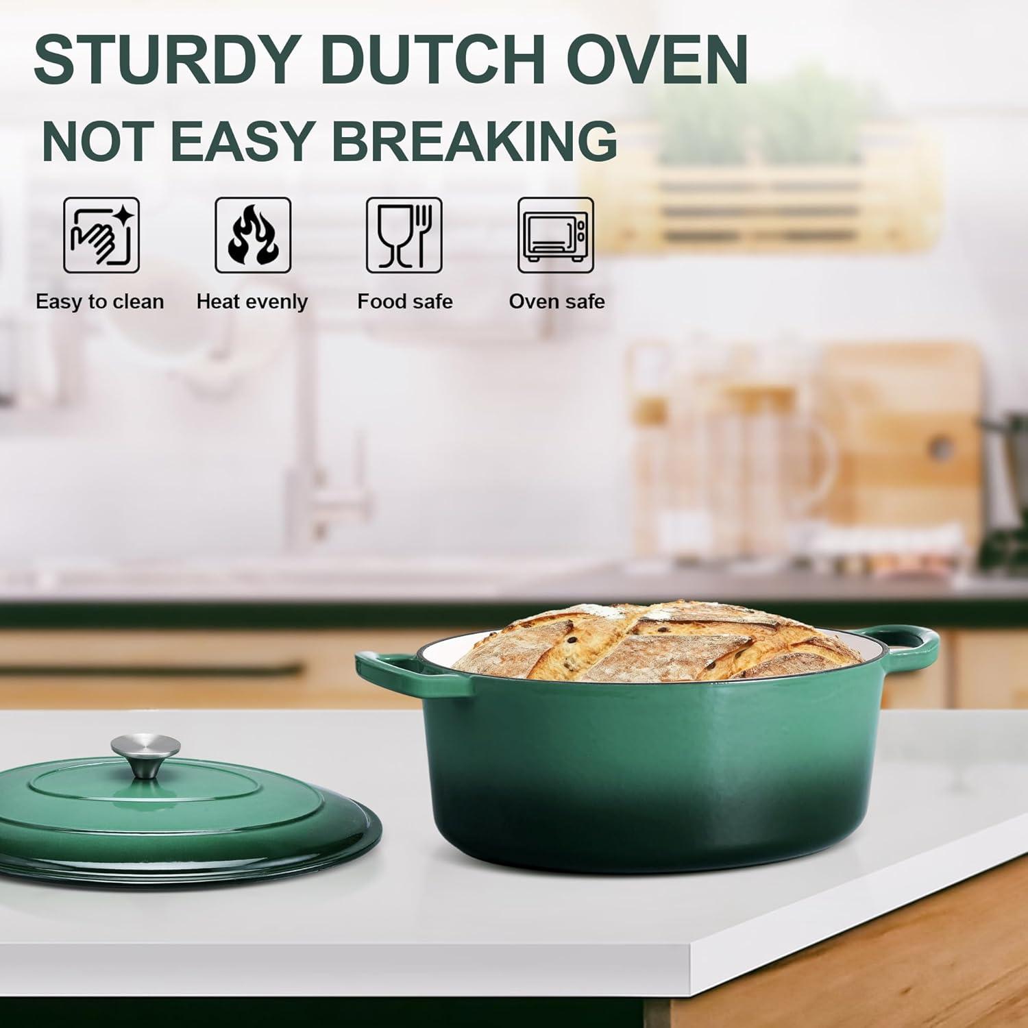 imageEfar 6 Quart Enameled Cast Iron Dutch Oven with Lid Round Dutch Oven Pot Nonstick Cookware for Braising Stews Roasting Bread Baking Cooking Heavy Duty Induction amp Oven Safe BlueForest Green