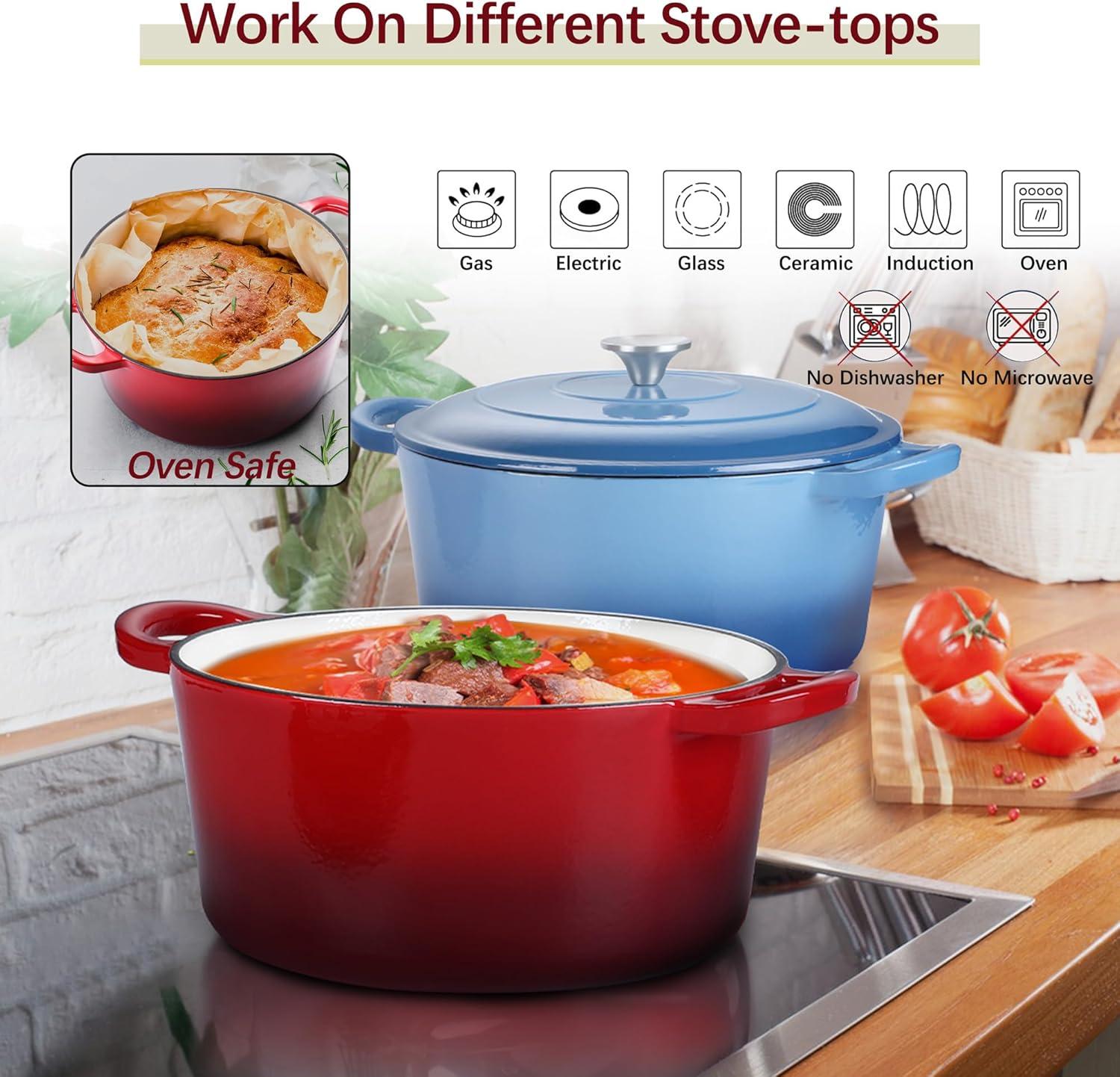 imageEfar 6 Quart Enameled Cast Iron Dutch Oven with Lid Round Dutch Oven Pot Nonstick Cookware for Braising Stews Roasting Bread Baking Cooking Heavy Duty Induction amp Oven Safe BlueRed