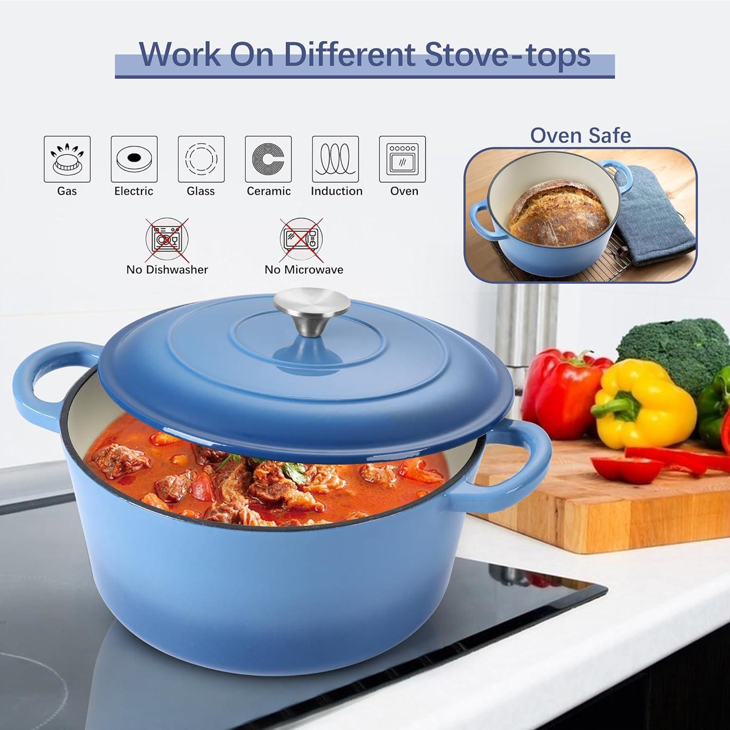 imageEfar 6 Quart Enameled Cast Iron Dutch Oven with Lid Round Dutch Oven Pot Nonstick Cookware for Braising Stews Roasting Bread Baking Cooking Heavy Duty Induction amp Oven Safe BlueBlue