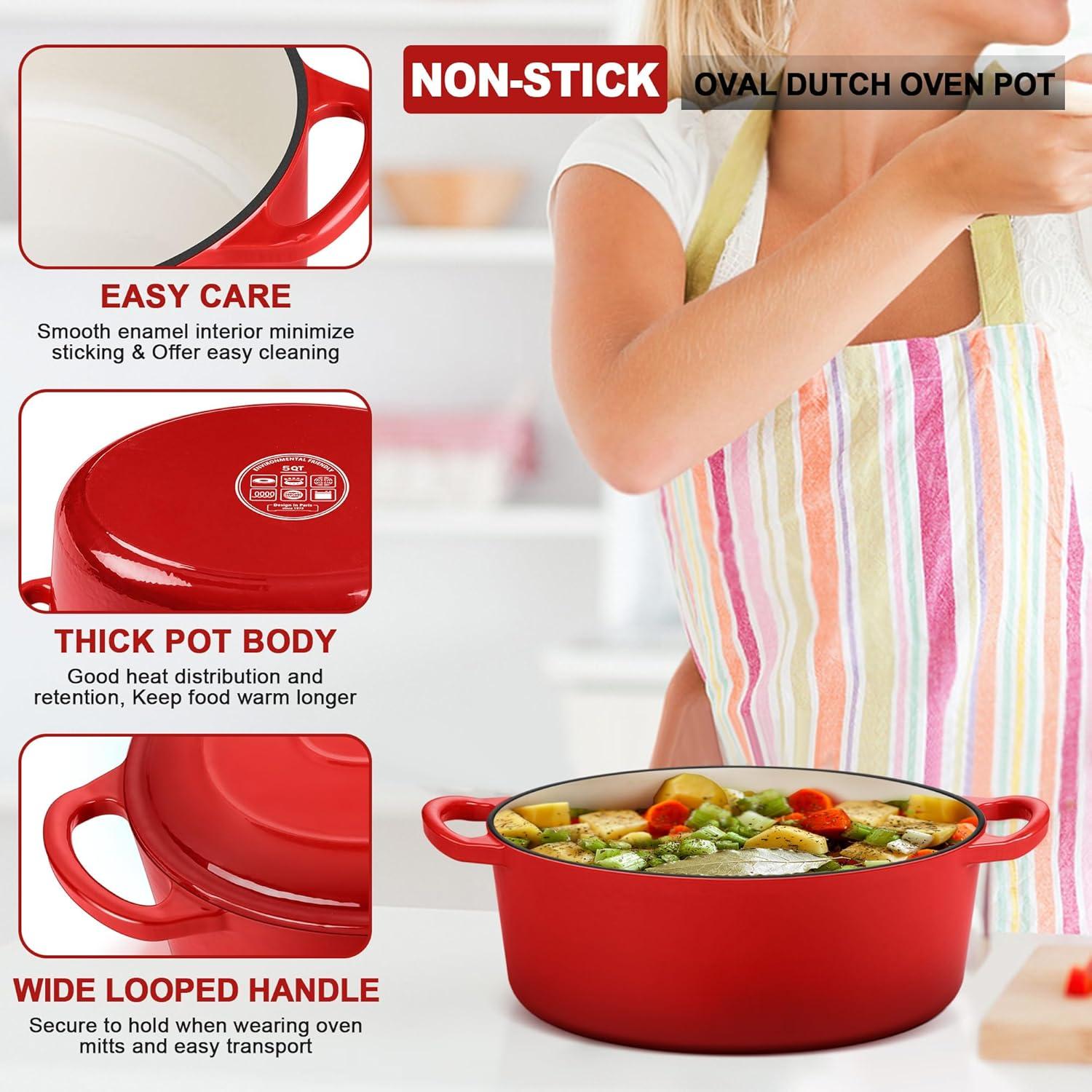 imageEfar 6 Quart Enameled Cast Iron Dutch Oven with Lid Round Dutch Oven Pot Nonstick Cookware for Braising Stews Roasting Bread Baking Cooking Heavy Duty Induction amp Oven Safe BlueRed