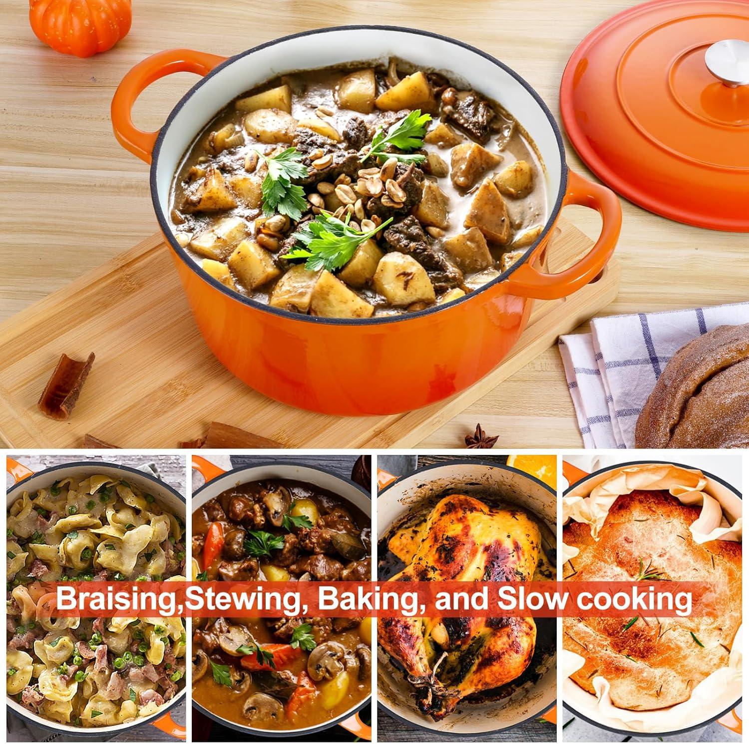 imageEfar 6 Quart Enameled Cast Iron Dutch Oven with Lid Round Dutch Oven Pot Nonstick Cookware for Braising Stews Roasting Bread Baking Cooking Heavy Duty Induction amp Oven Safe BlueOrange