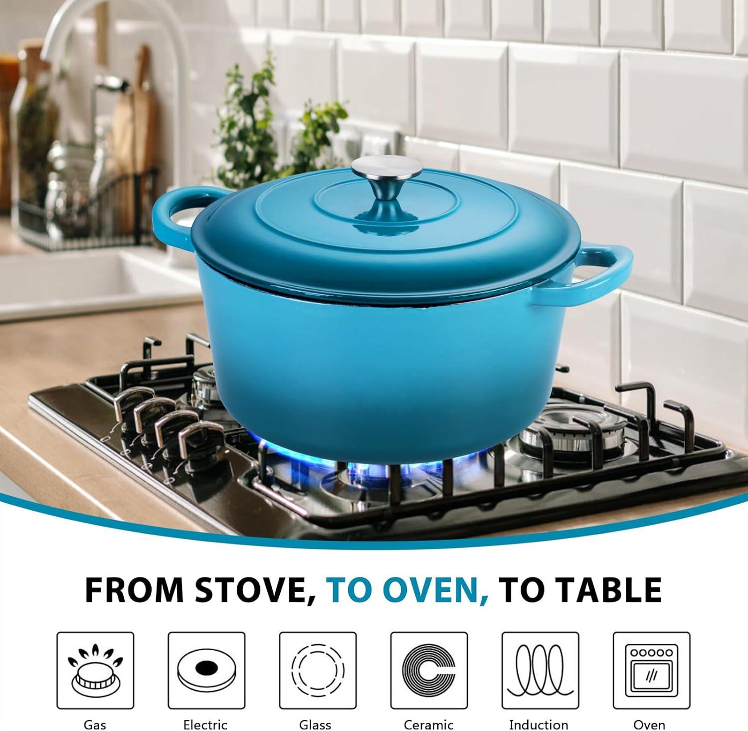 imageEfar 6 Quart Enameled Cast Iron Dutch Oven with Lid Round Dutch Oven Pot Nonstick Cookware for Braising Stews Roasting Bread Baking Cooking Heavy Duty Induction amp Oven Safe BlueTeal Mist