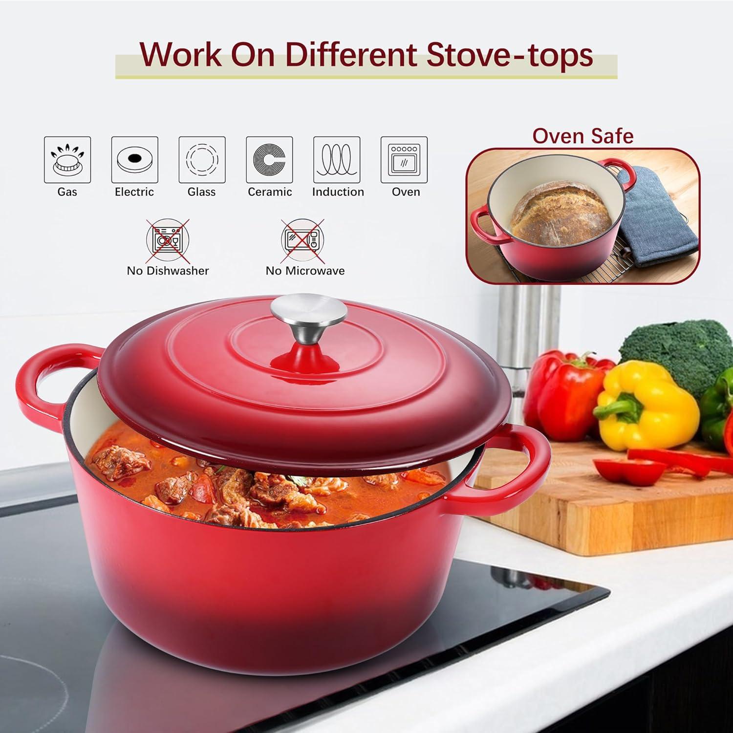 imageEfar 6 Quart Enameled Cast Iron Dutch Oven with Lid Round Dutch Oven Pot Nonstick Cookware for Braising Stews Roasting Bread Baking Cooking Heavy Duty Induction amp Oven Safe BlueRed
