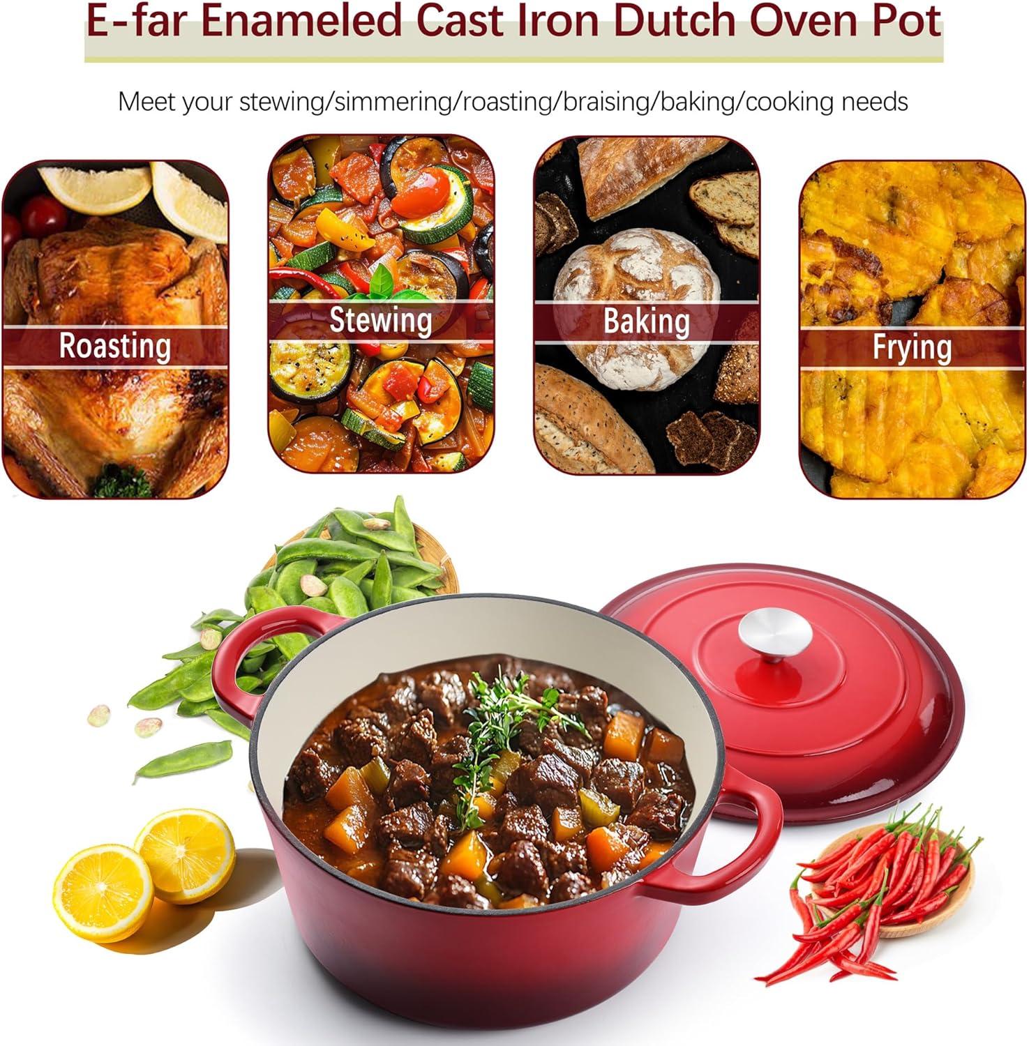 imageEfar 6 Quart Enameled Cast Iron Dutch Oven with Lid Round Dutch Oven Pot Nonstick Cookware for Braising Stews Roasting Bread Baking Cooking Heavy Duty Induction amp Oven Safe BlueRed