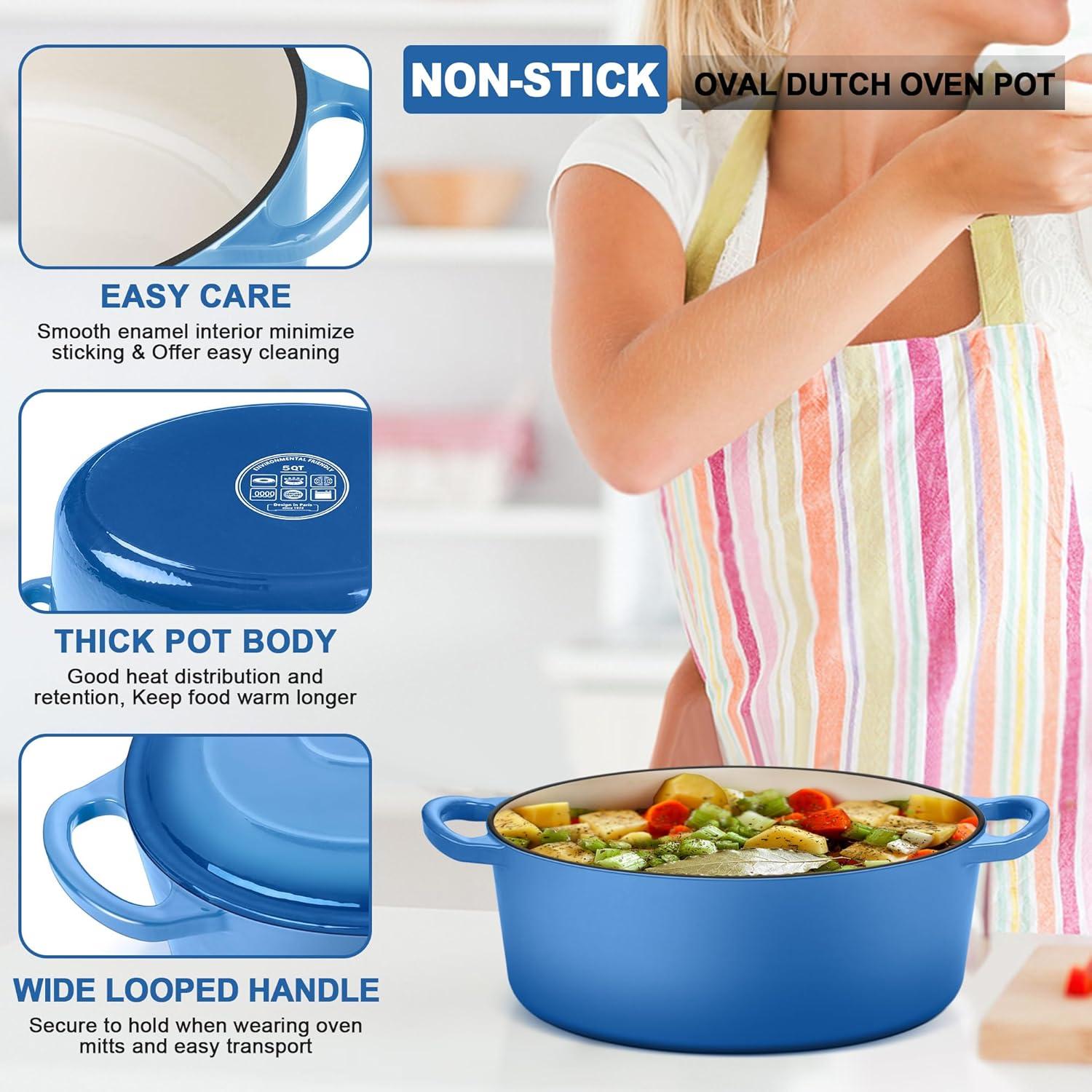 imageEfar 6 Quart Enameled Cast Iron Dutch Oven with Lid Round Dutch Oven Pot Nonstick Cookware for Braising Stews Roasting Bread Baking Cooking Heavy Duty Induction amp Oven Safe BlueBlue