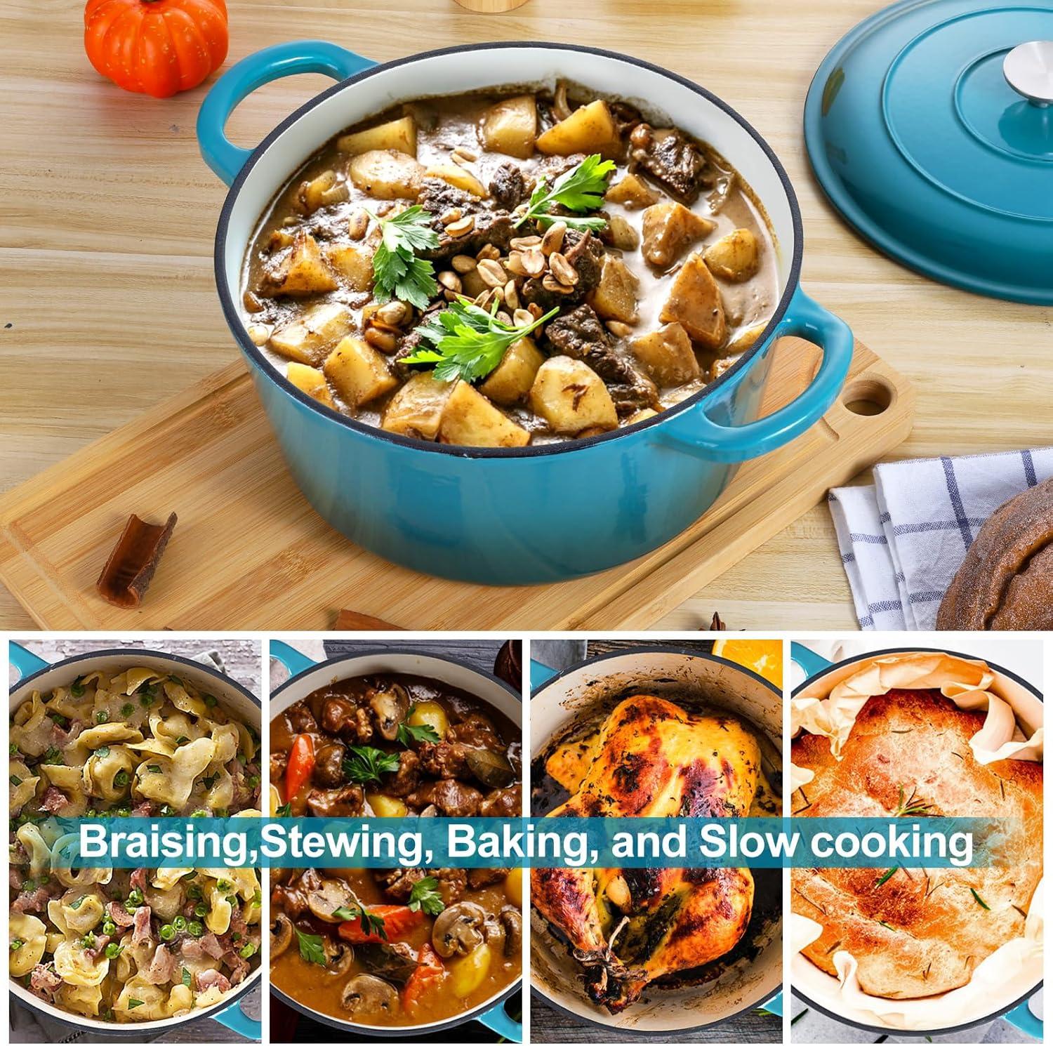 imageEfar 6 Quart Enameled Cast Iron Dutch Oven with Lid Round Dutch Oven Pot Nonstick Cookware for Braising Stews Roasting Bread Baking Cooking Heavy Duty Induction amp Oven Safe BlueTeal Mist