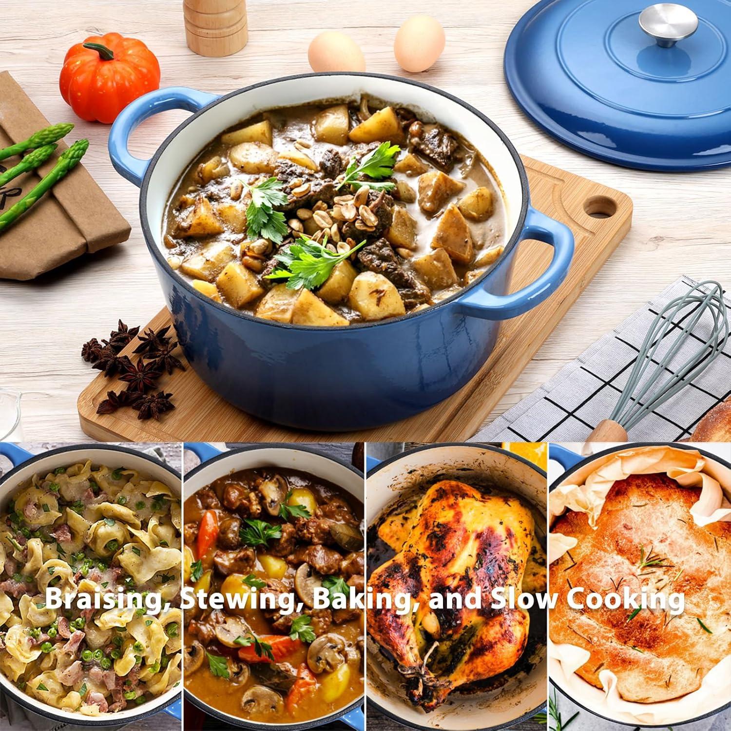 imageEfar 6 Quart Enameled Cast Iron Dutch Oven with Lid Round Dutch Oven Pot Nonstick Cookware for Braising Stews Roasting Bread Baking Cooking Heavy Duty Induction amp Oven Safe BlueBlue