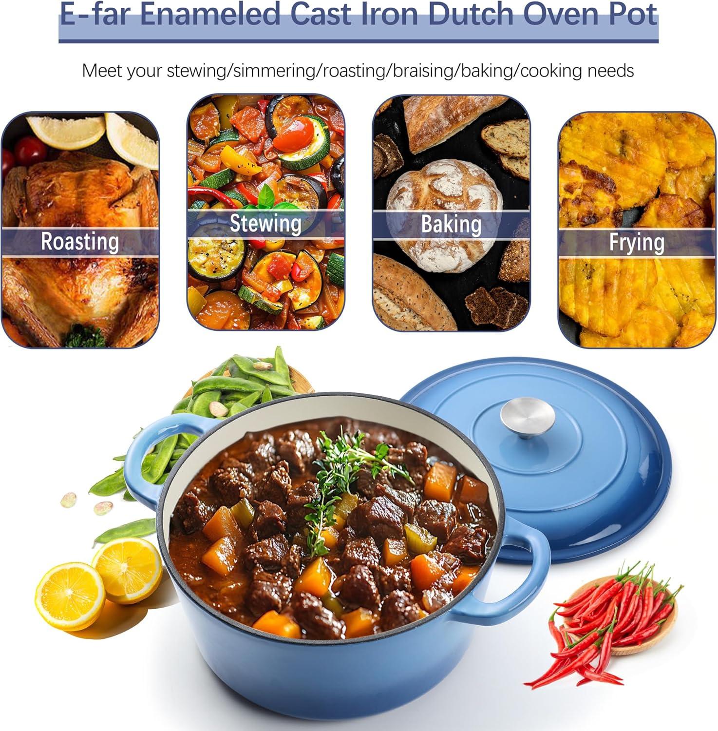 imageEfar 6 Quart Enameled Cast Iron Dutch Oven with Lid Round Dutch Oven Pot Nonstick Cookware for Braising Stews Roasting Bread Baking Cooking Heavy Duty Induction amp Oven Safe BlueBlue