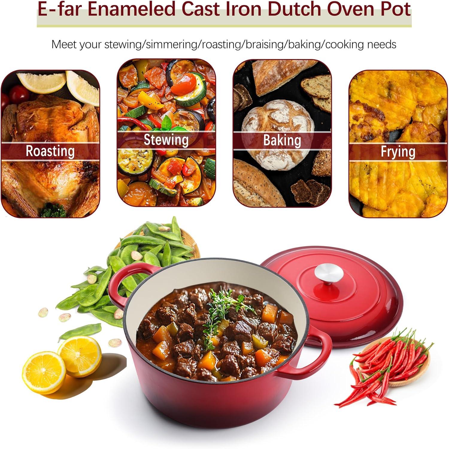 imageEfar 6 Quart Enameled Cast Iron Dutch Oven with Lid Round Dutch Oven Pot Nonstick Cookware for Braising Stews Roasting Bread Baking Cooking Heavy Duty Induction amp Oven Safe BlueRed
