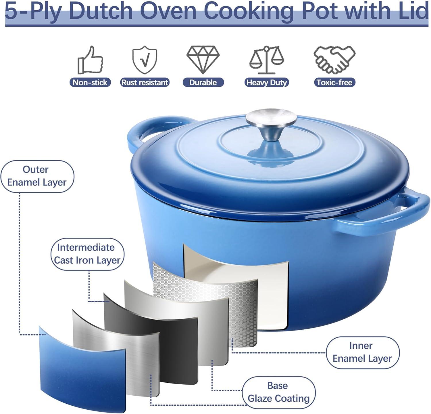 imageEfar 6 Quart Enameled Cast Iron Dutch Oven with Lid Round Dutch Oven Pot Nonstick Cookware for Braising Stews Roasting Bread Baking Cooking Heavy Duty Induction amp Oven Safe BlueBlue